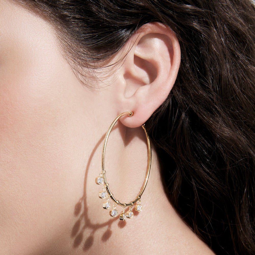Round Diamond Bezel Dangle Hoop Earrings