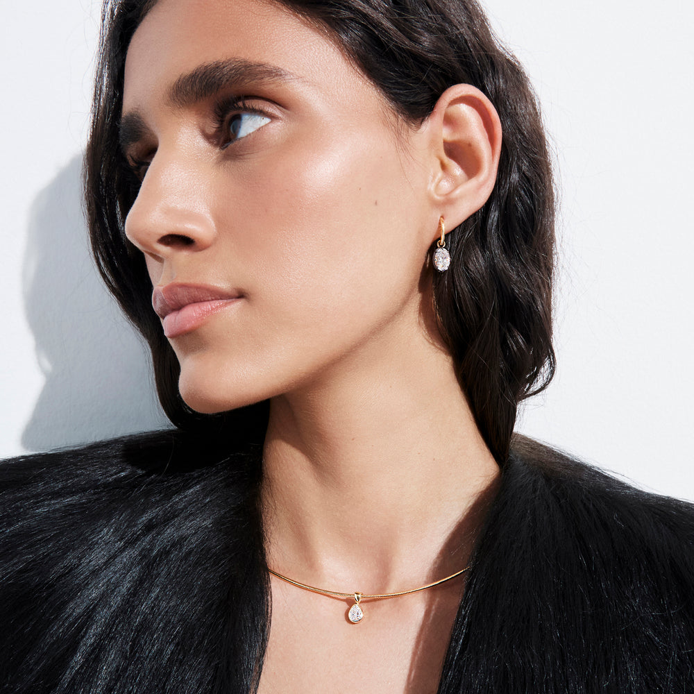 Oval Diamond Black Rhodium Drop Huggie Earrings