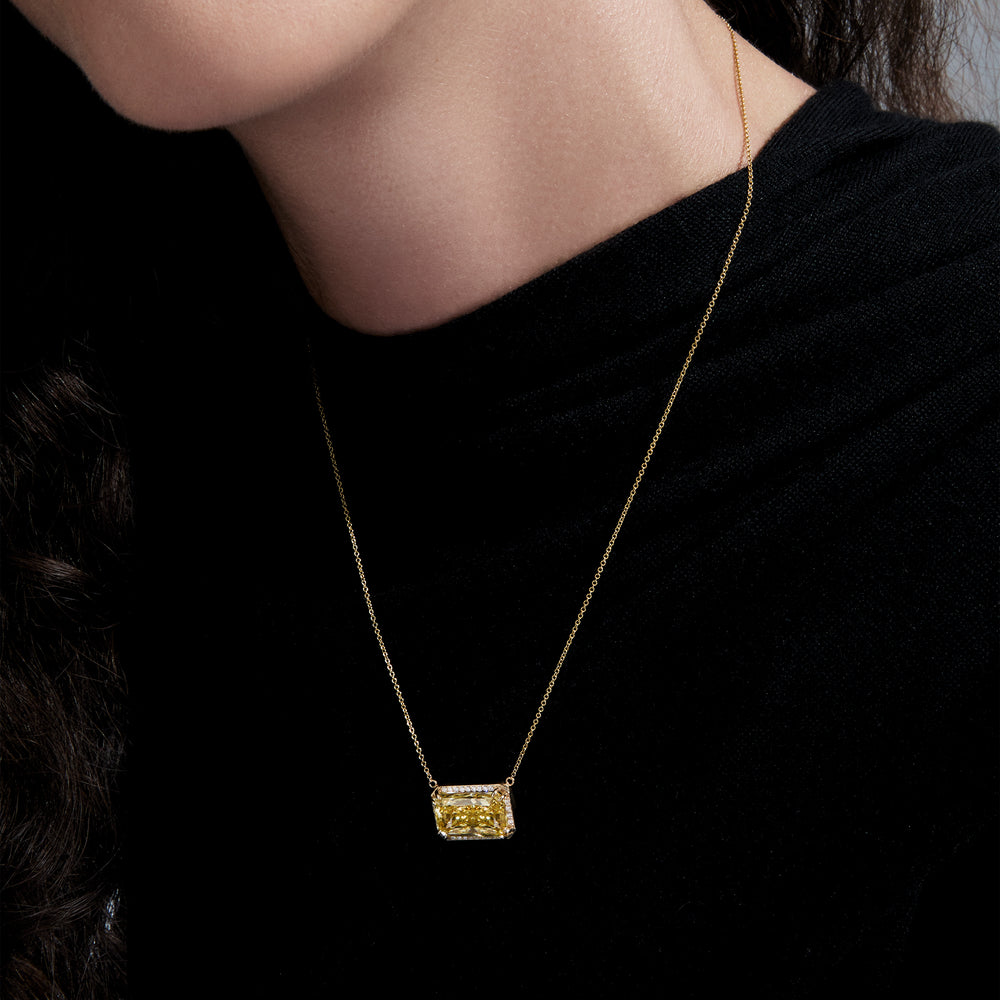 Yellow Radiant East/West Halo Pendant Necklace