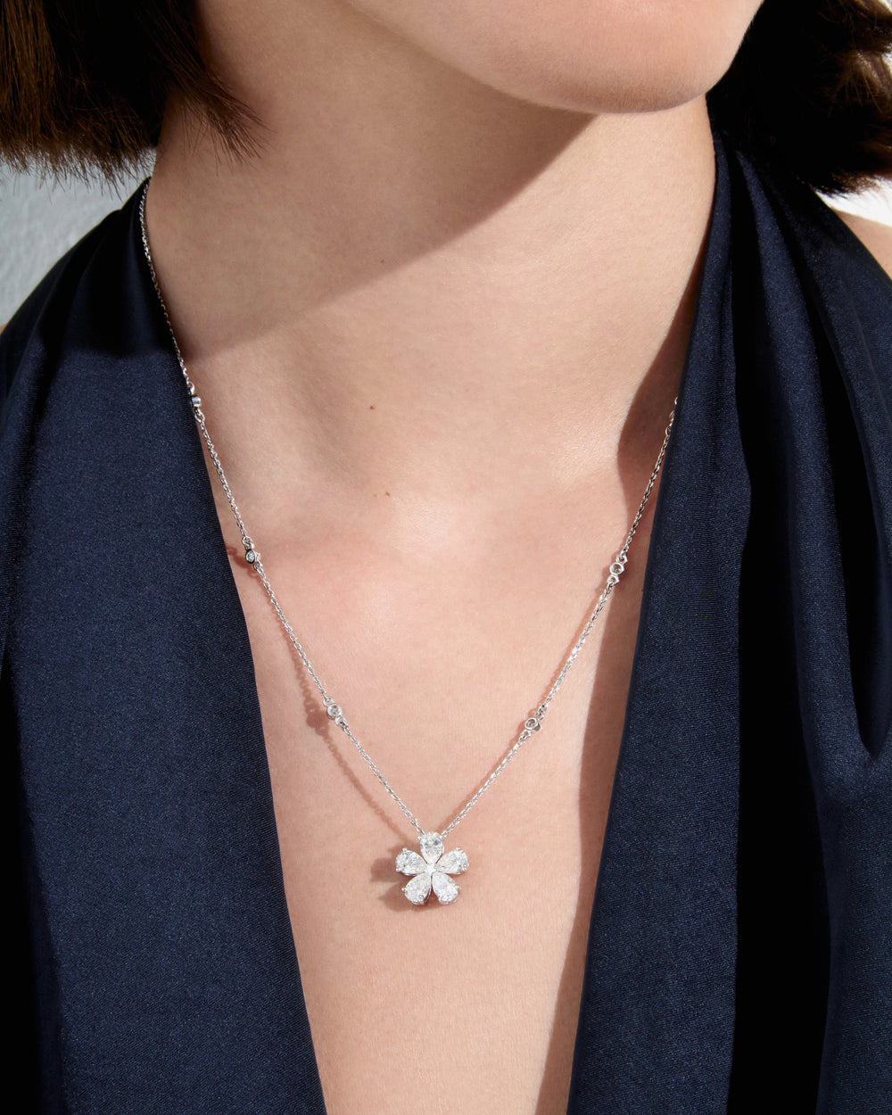 Pear Flower Diamond Pendant Necklace
