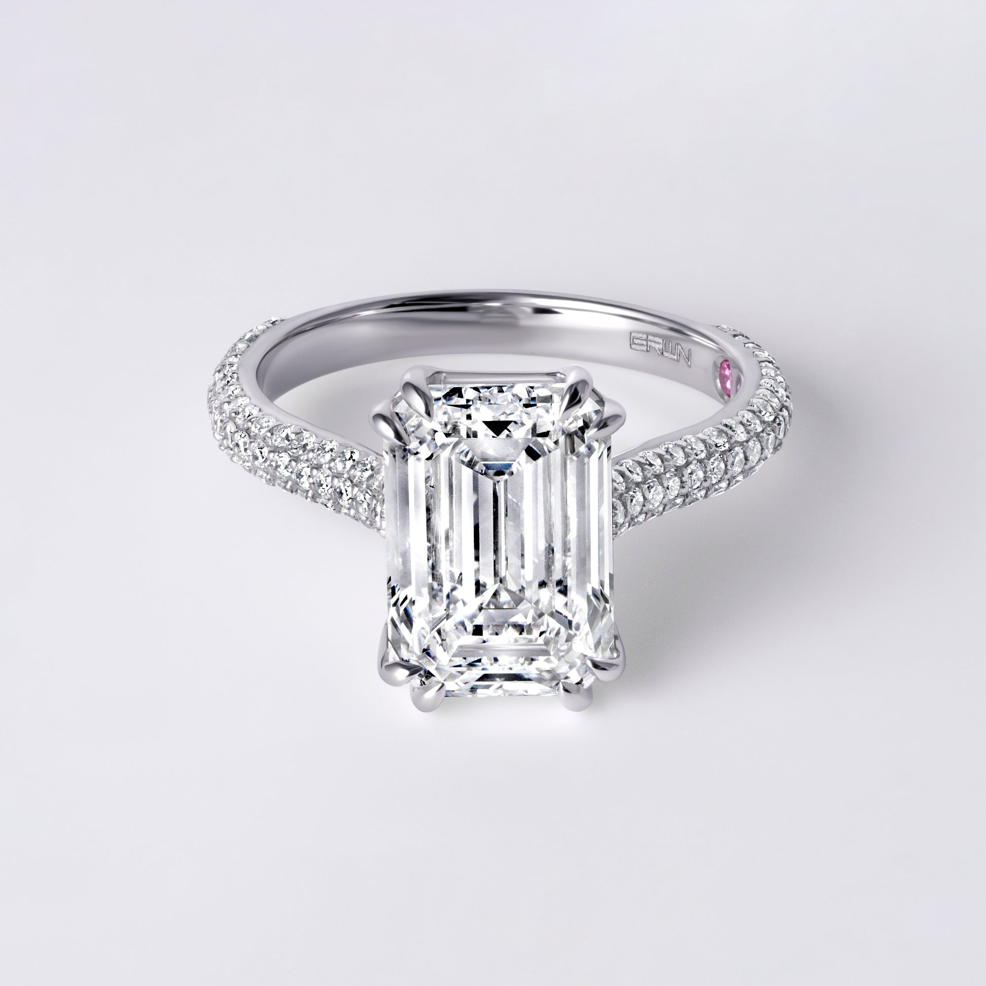 Luna 4.42CT Emerald Three Row Pave Engagement Ring, White Gold