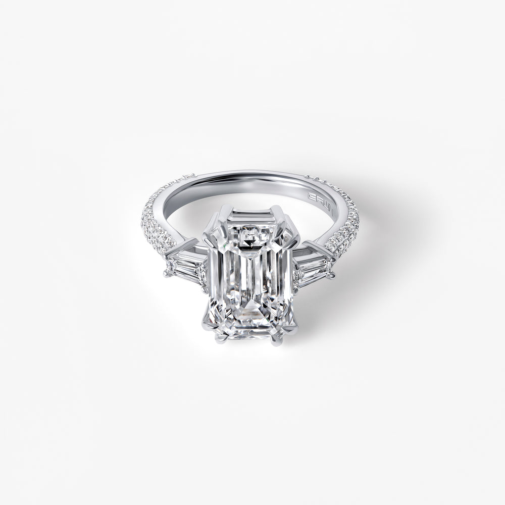 5.11CT Emerald Three Stone And Pavé Engagement Ring