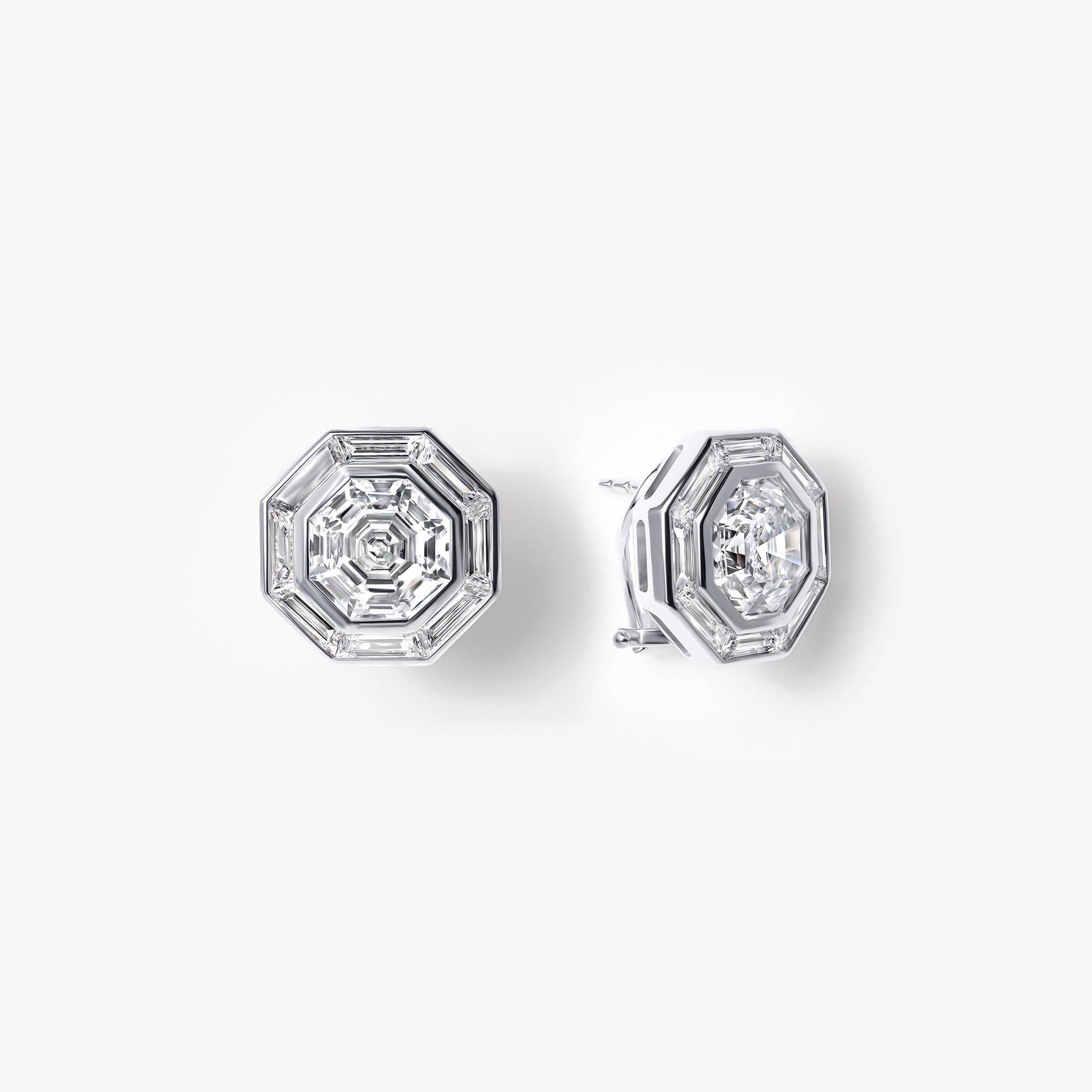 Octagon and Baguette Diamond Halo Stud Earrings