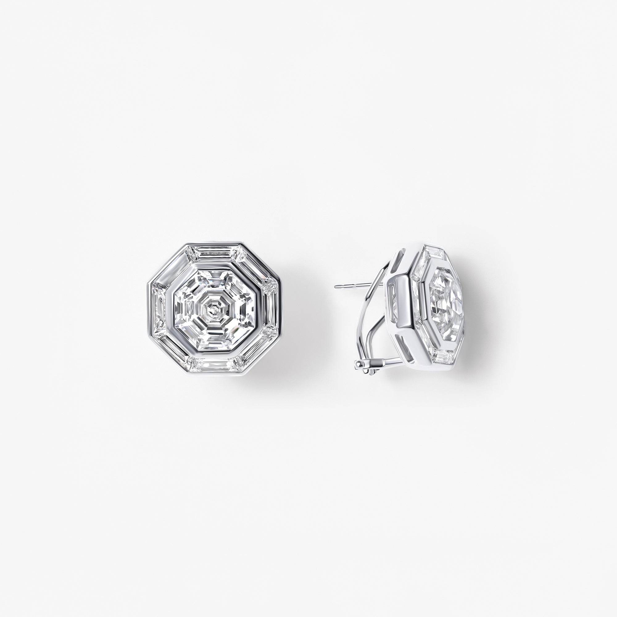 Octagon and Baguette Diamond Halo Stud Earrings