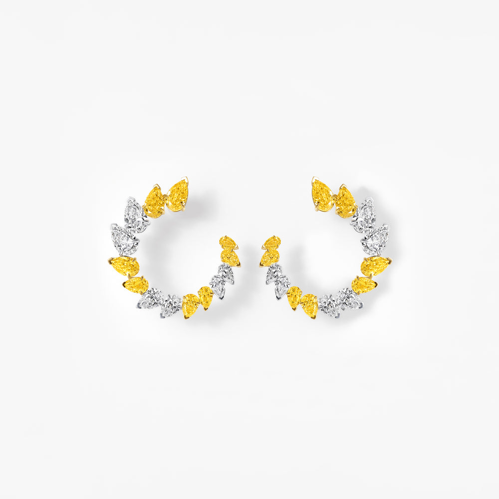 Yellow and White Pear Diamond Open Hoop Earrings