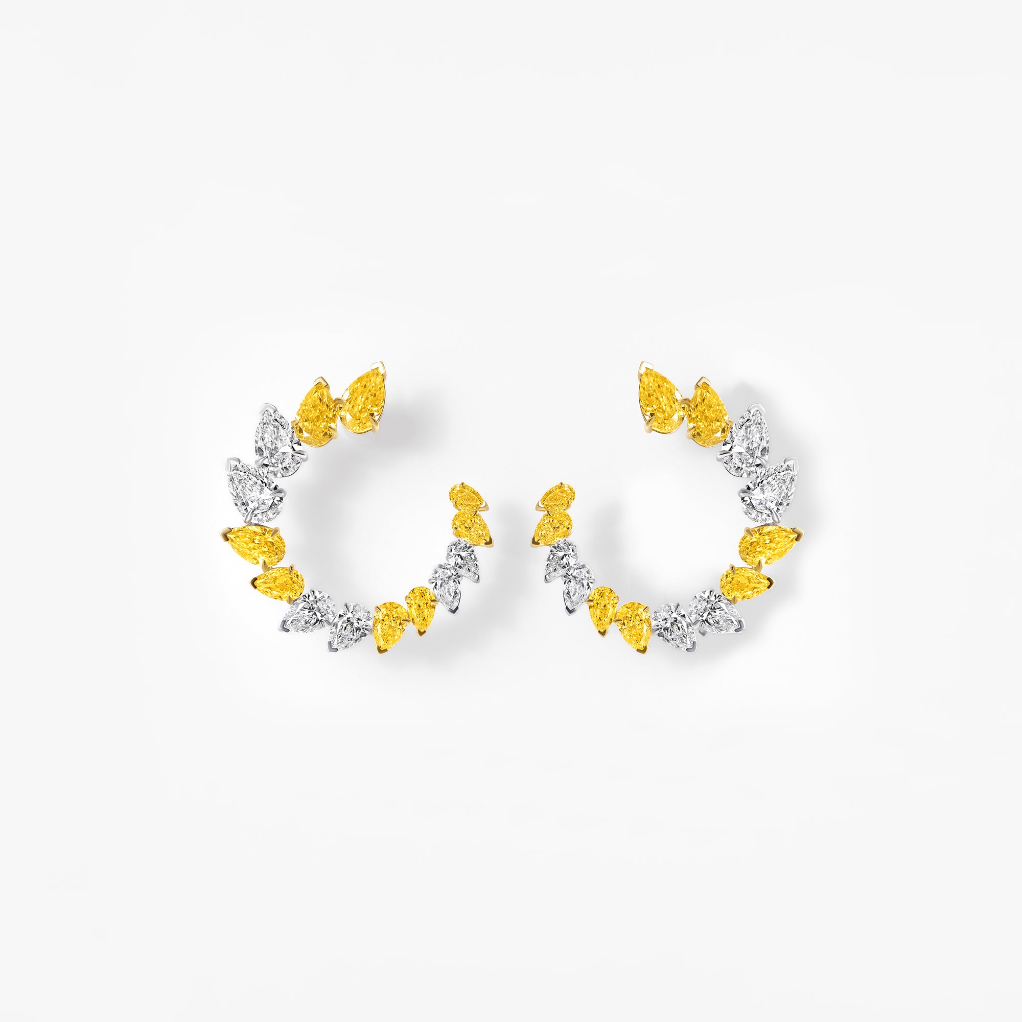 Yellow and White Pear Diamond Open Hoop Earrings