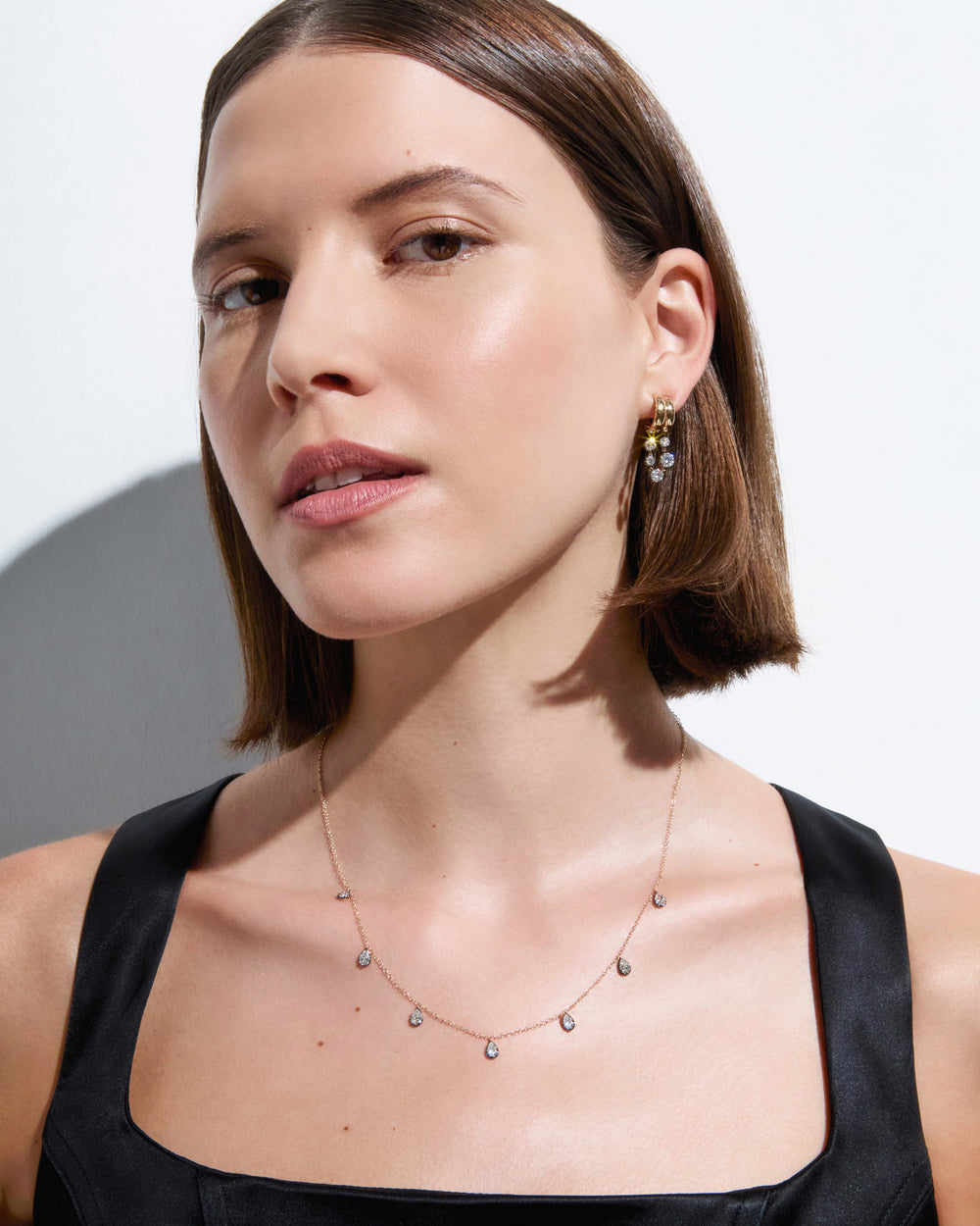 Round Diamond Black Rhodium Double Drop Earrings