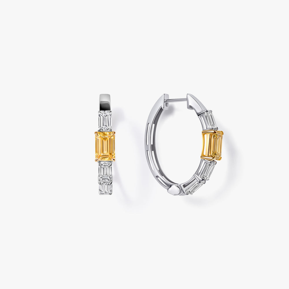 Yellow and White Emerald Diamond Hoop Earrings