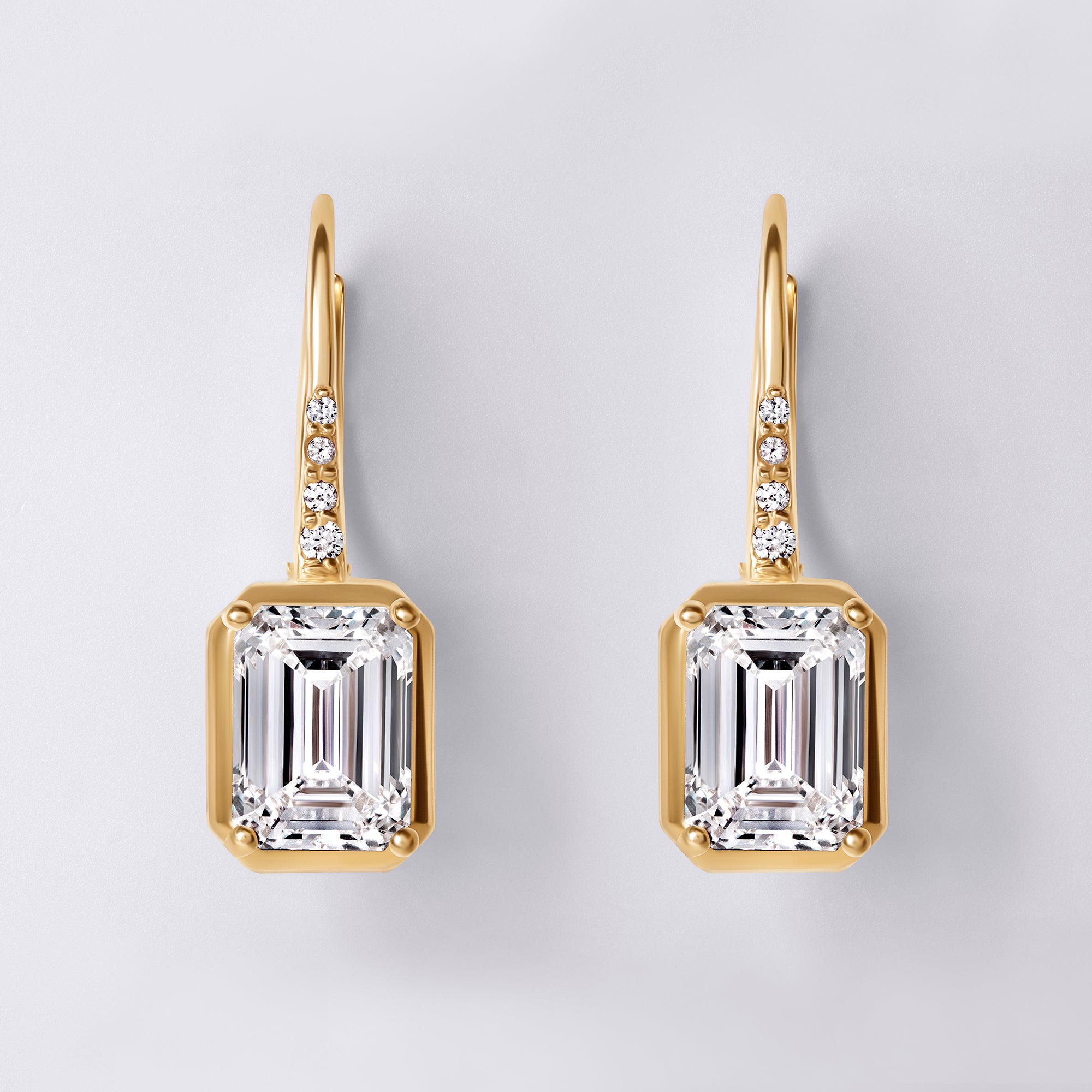Emerald and Pave Wire Leverback Drop Earring (3CTW), Yellow Gold