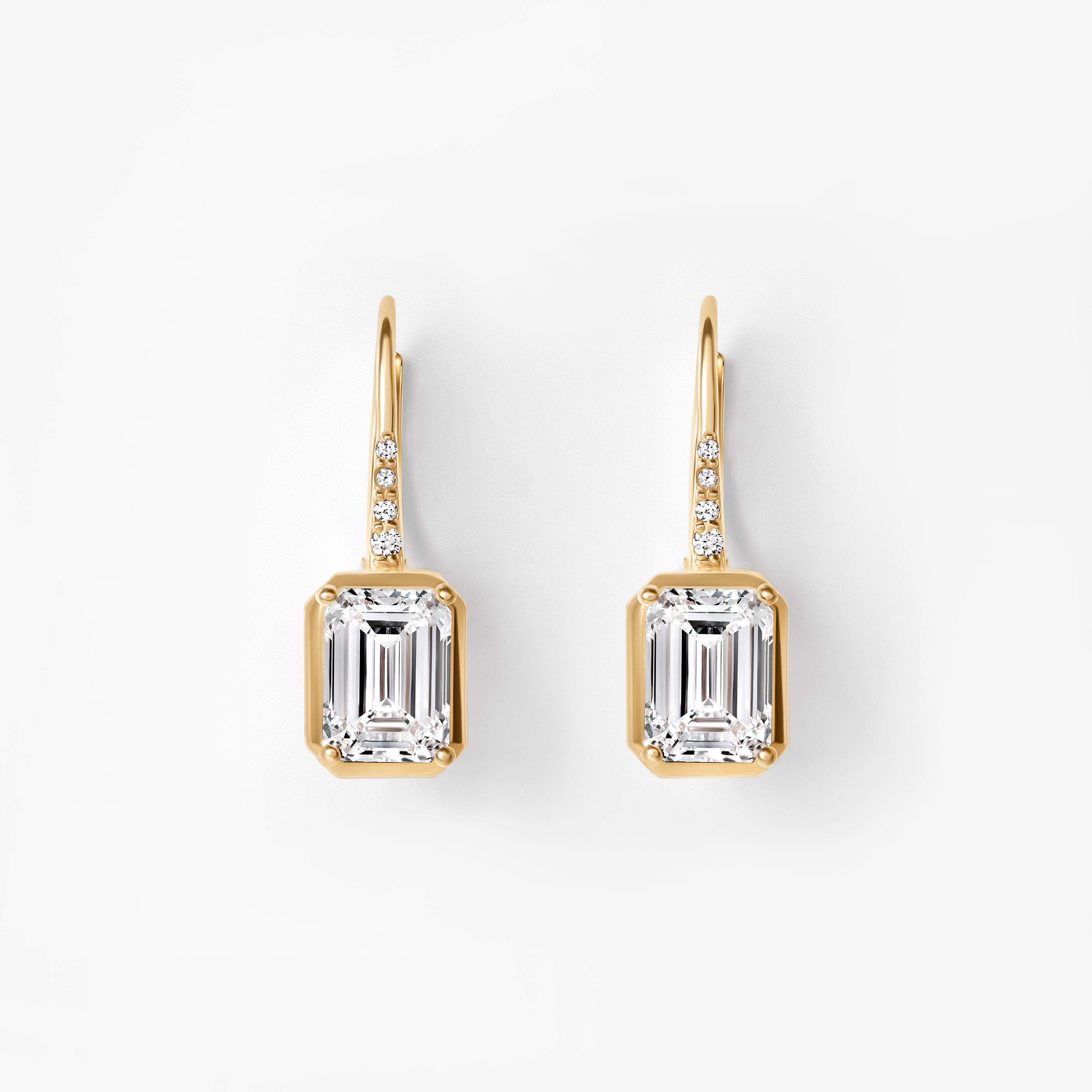 Emerald Cut Diamond Bezel Set Wire Leverback Drop Earrings