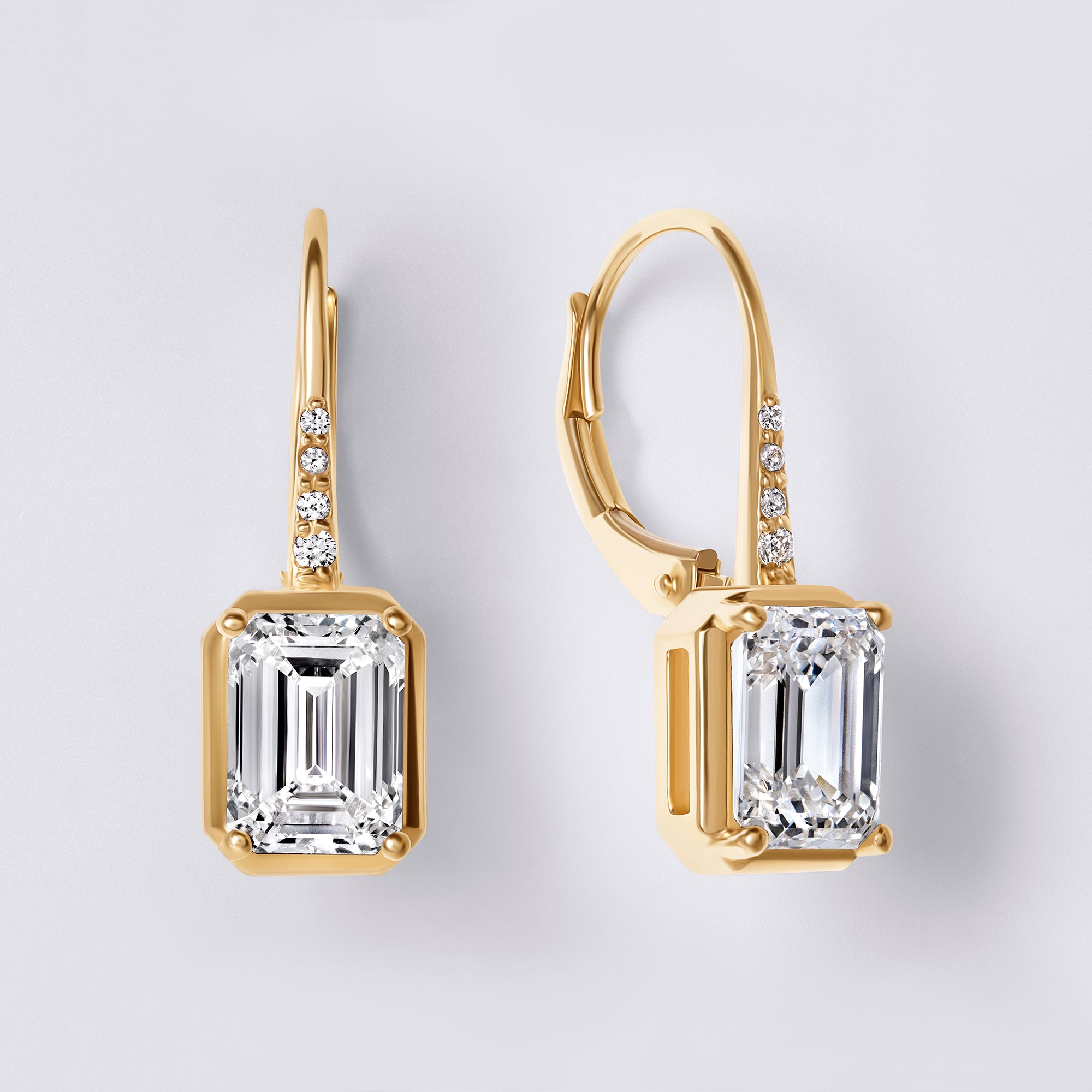 Emerald and Pave Wire Leverback Drop Earring (3CTW), Yellow Gold