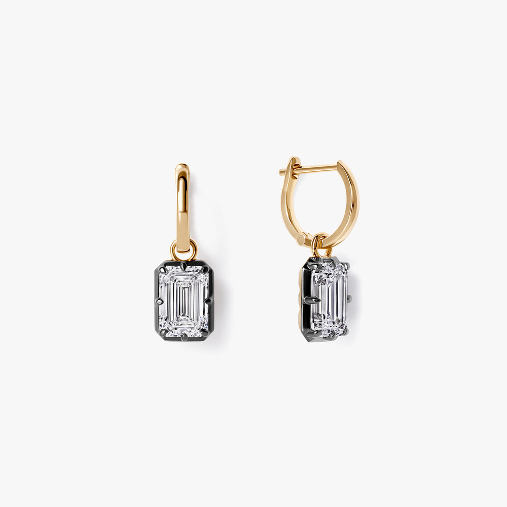 Emerald Diamond Black Rhodium Drop Huggie Earrings