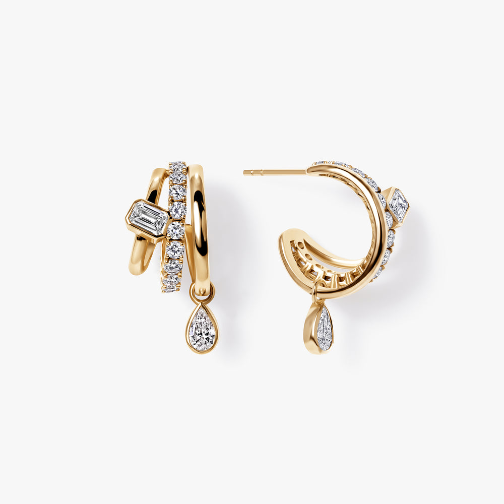 Emerald Cut & Pear Diamond Triple Huggies