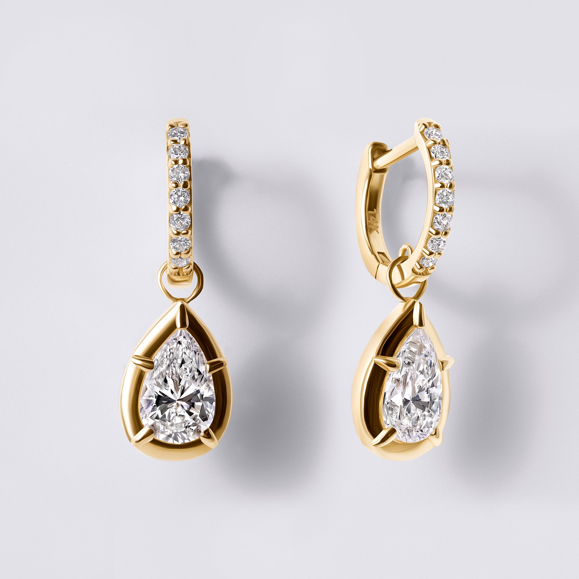 Pear Diamond Bezel Set Drop Hoop Earrings