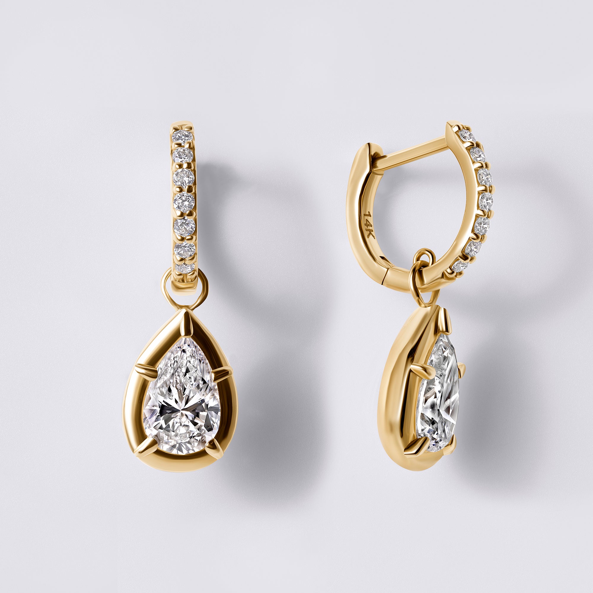 Pear Diamond Bezel Set Drop Hoop Earrings