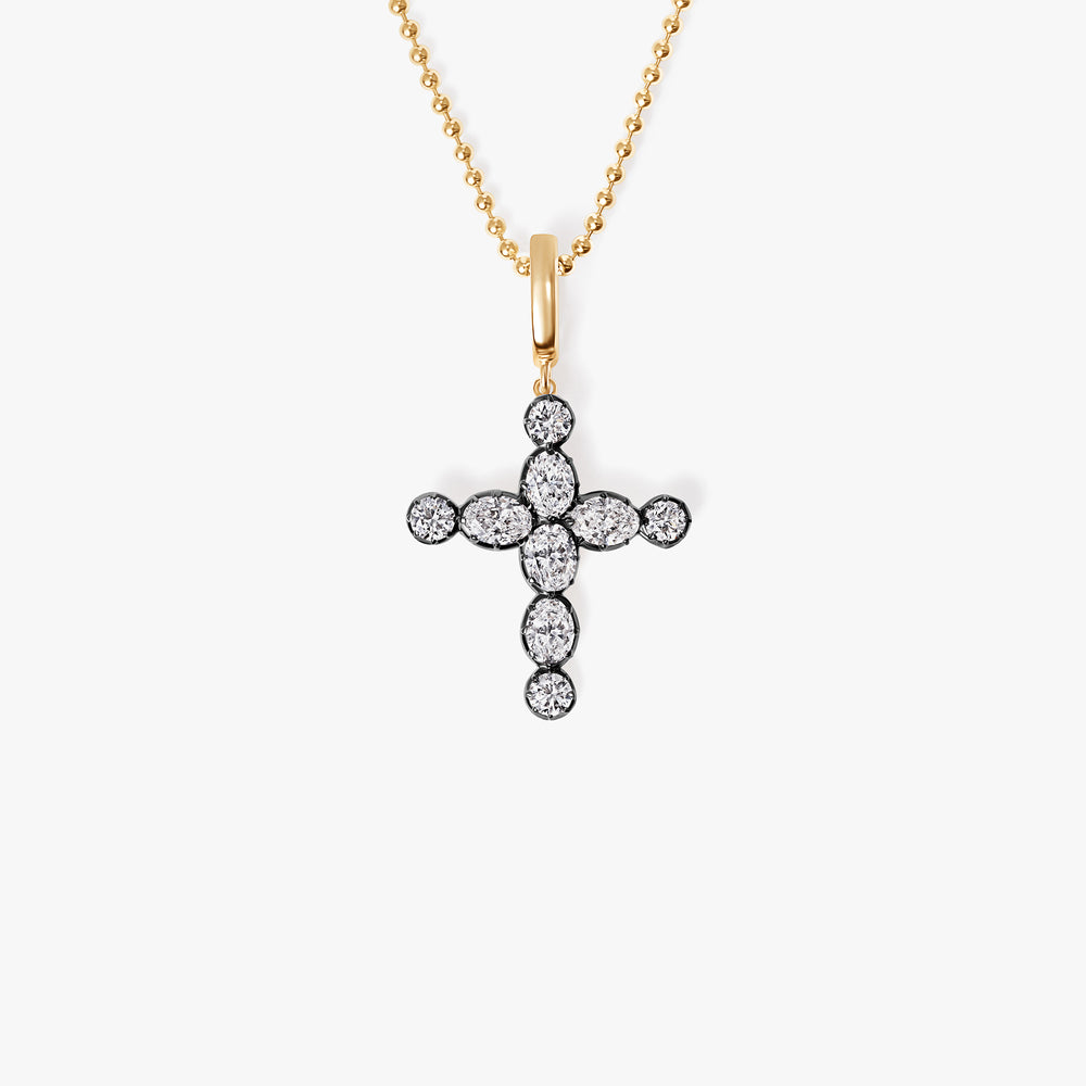 Oval and Round Diamond Black Rhodium Cross Pendant