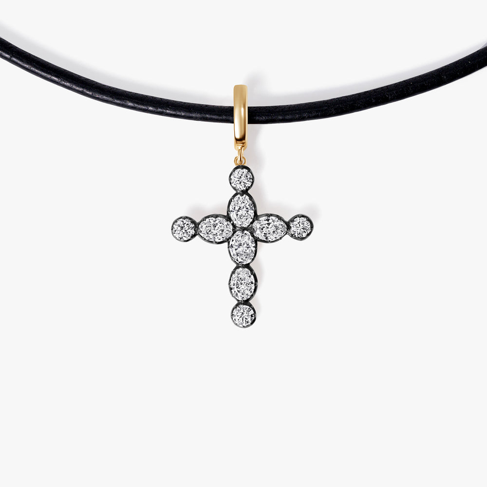 Oval and Round Diamond Black Rhodium Cross Pendant