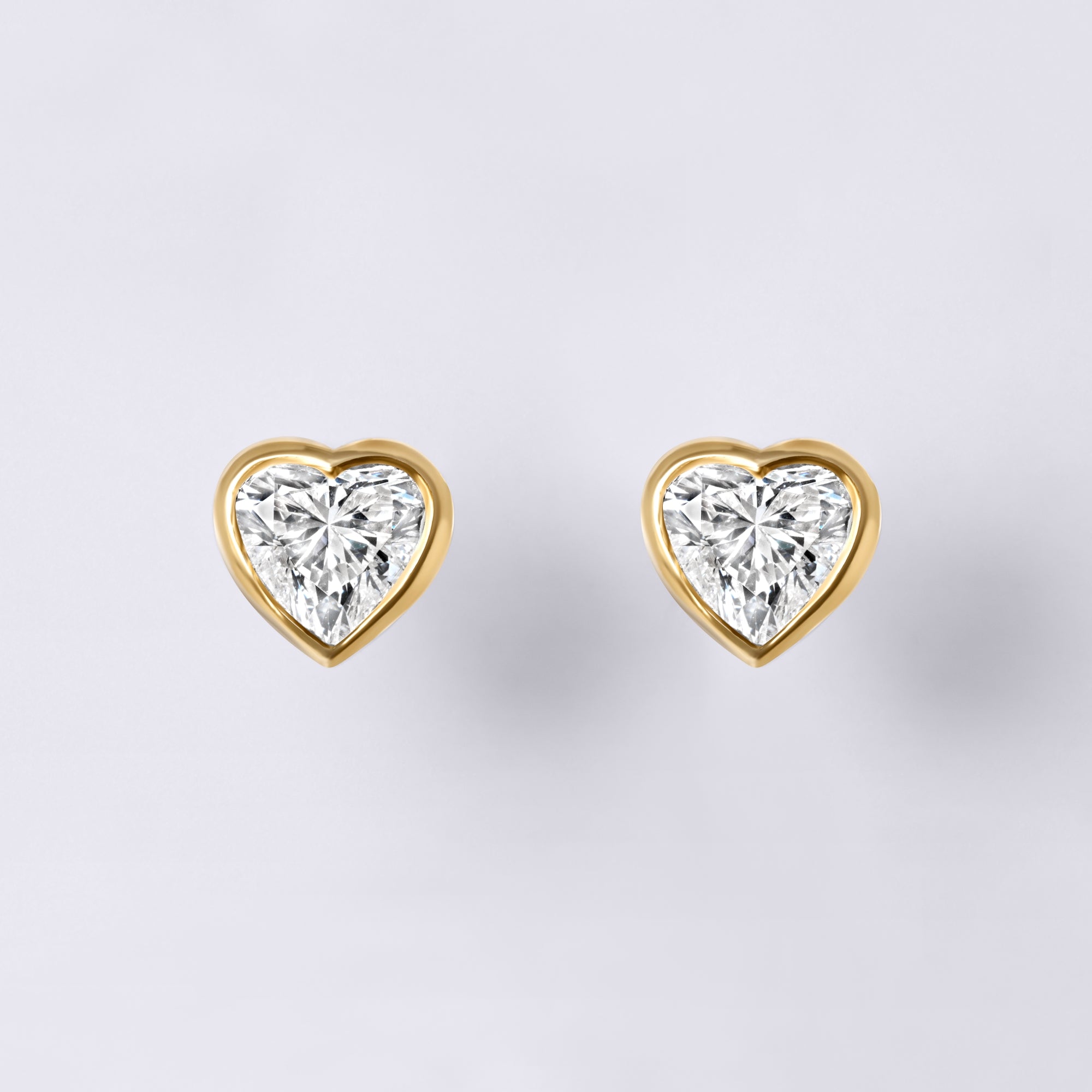 Bezel Set Heart Lab Diamond Stud Earrings, Yellow Gold Vermeil