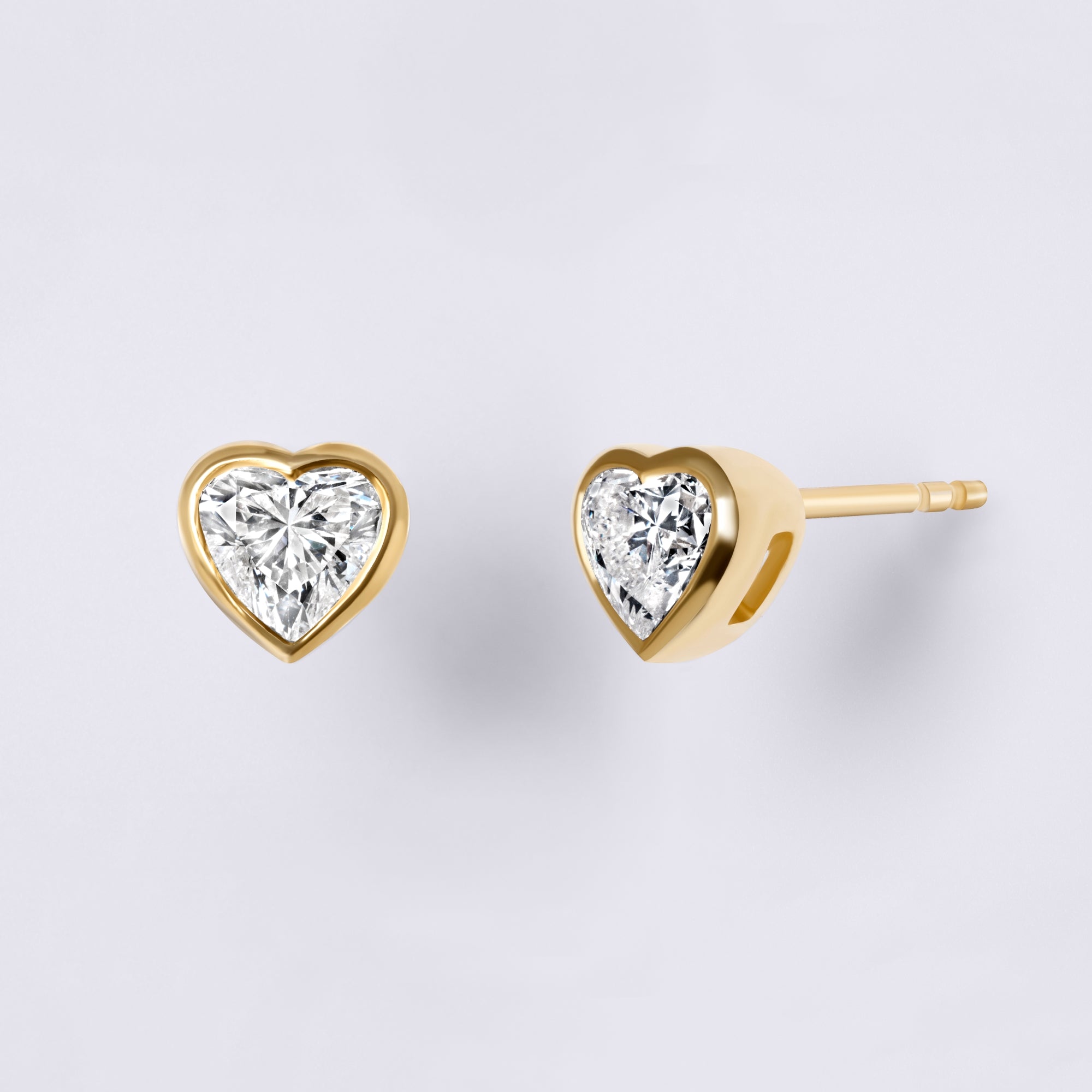 Bezel Set Heart Lab Diamond Stud Earrings, Yellow Gold Vermeil