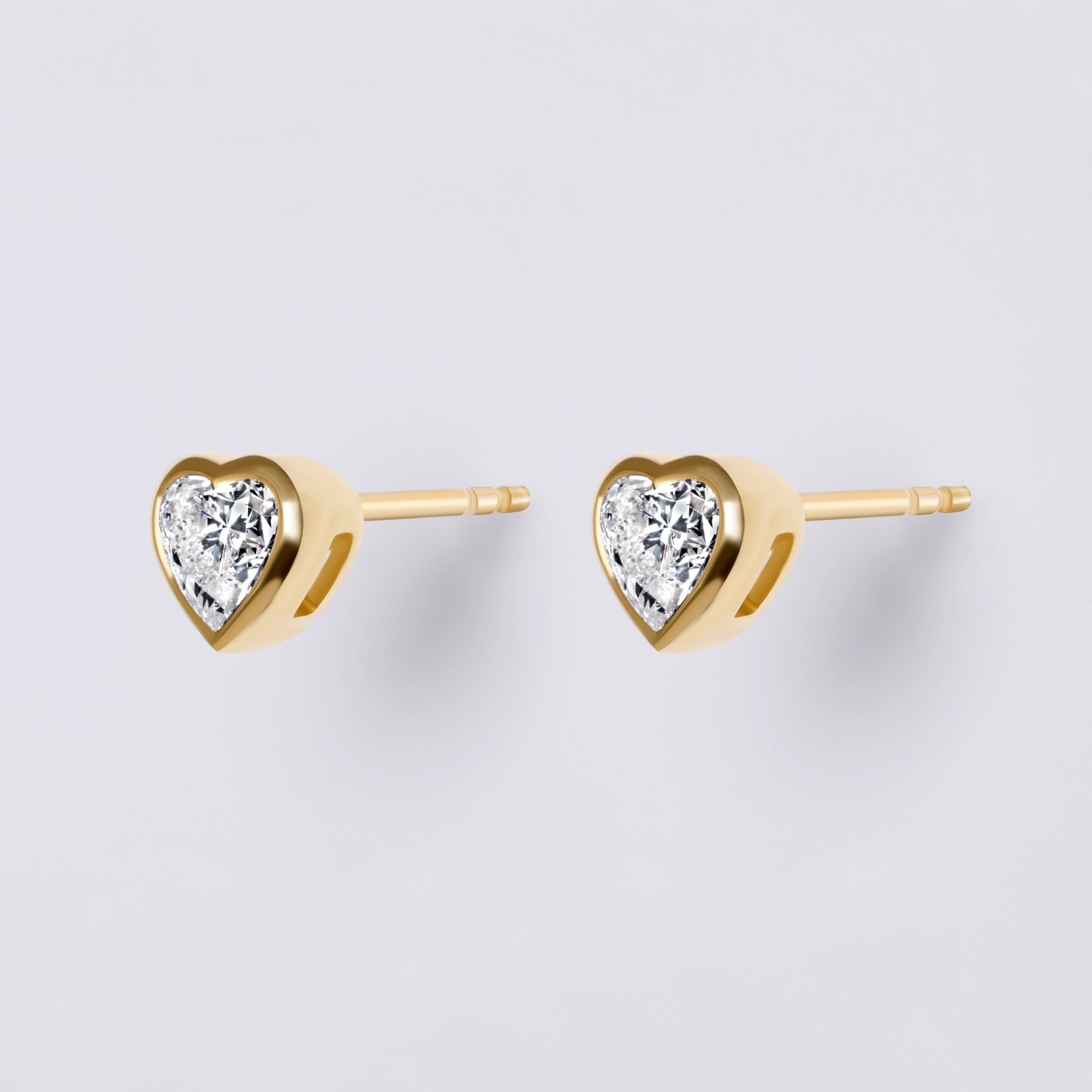Bezel Set Heart Lab Diamond Stud Earrings, Yellow Gold Vermeil