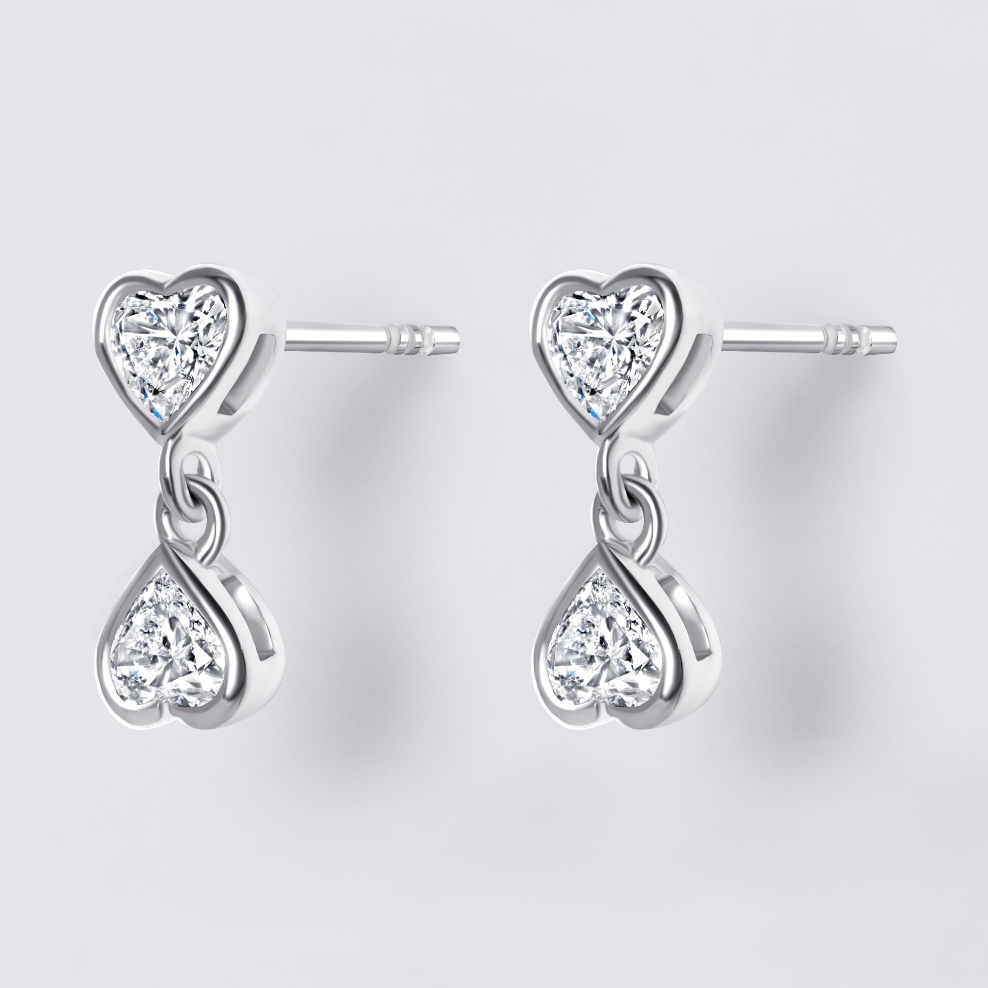 Bezel Set Hanging Heart Lab Diamond Earrings, Sterling Silver