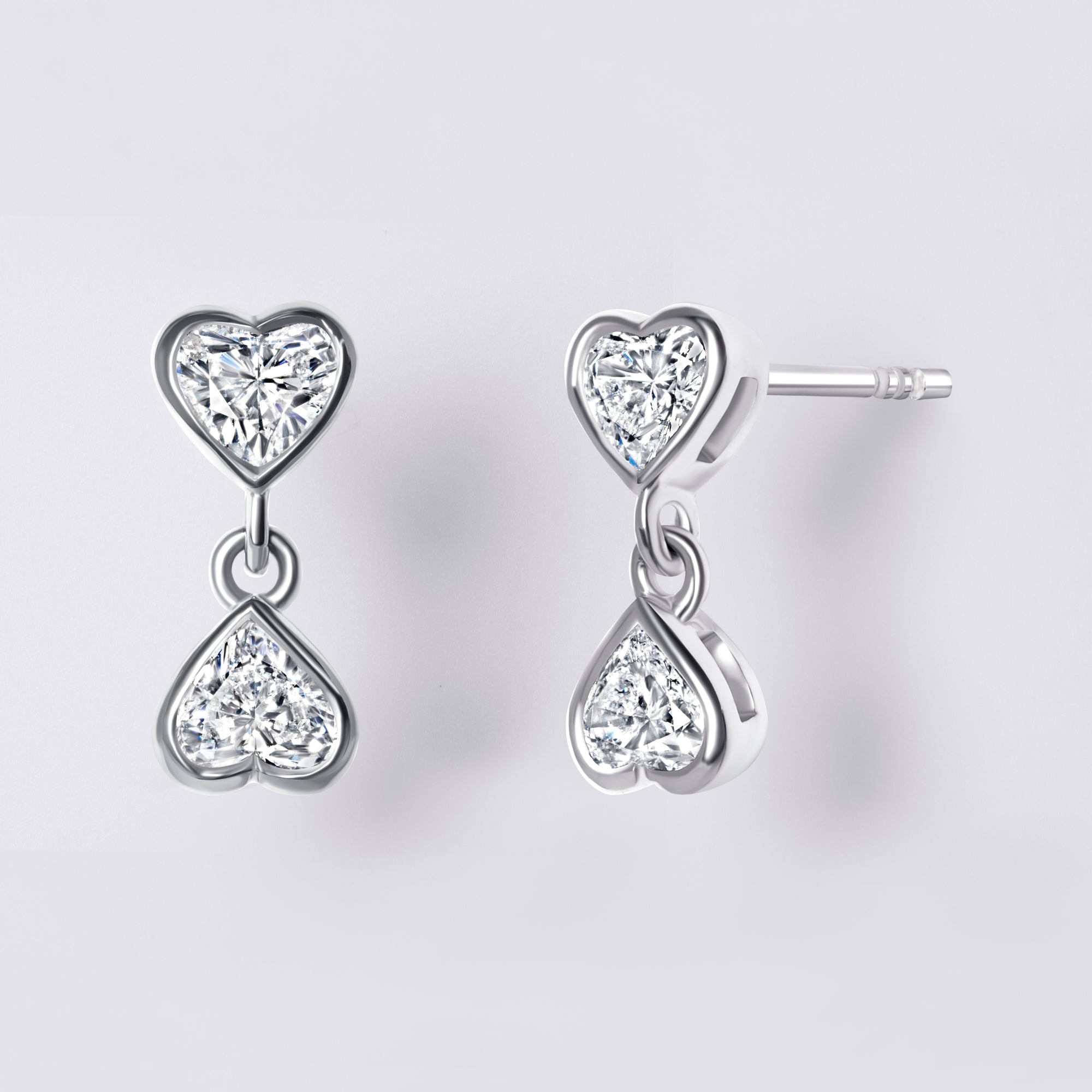 Bezel Set Hanging Heart Lab Diamond Earrings, Sterling Silver