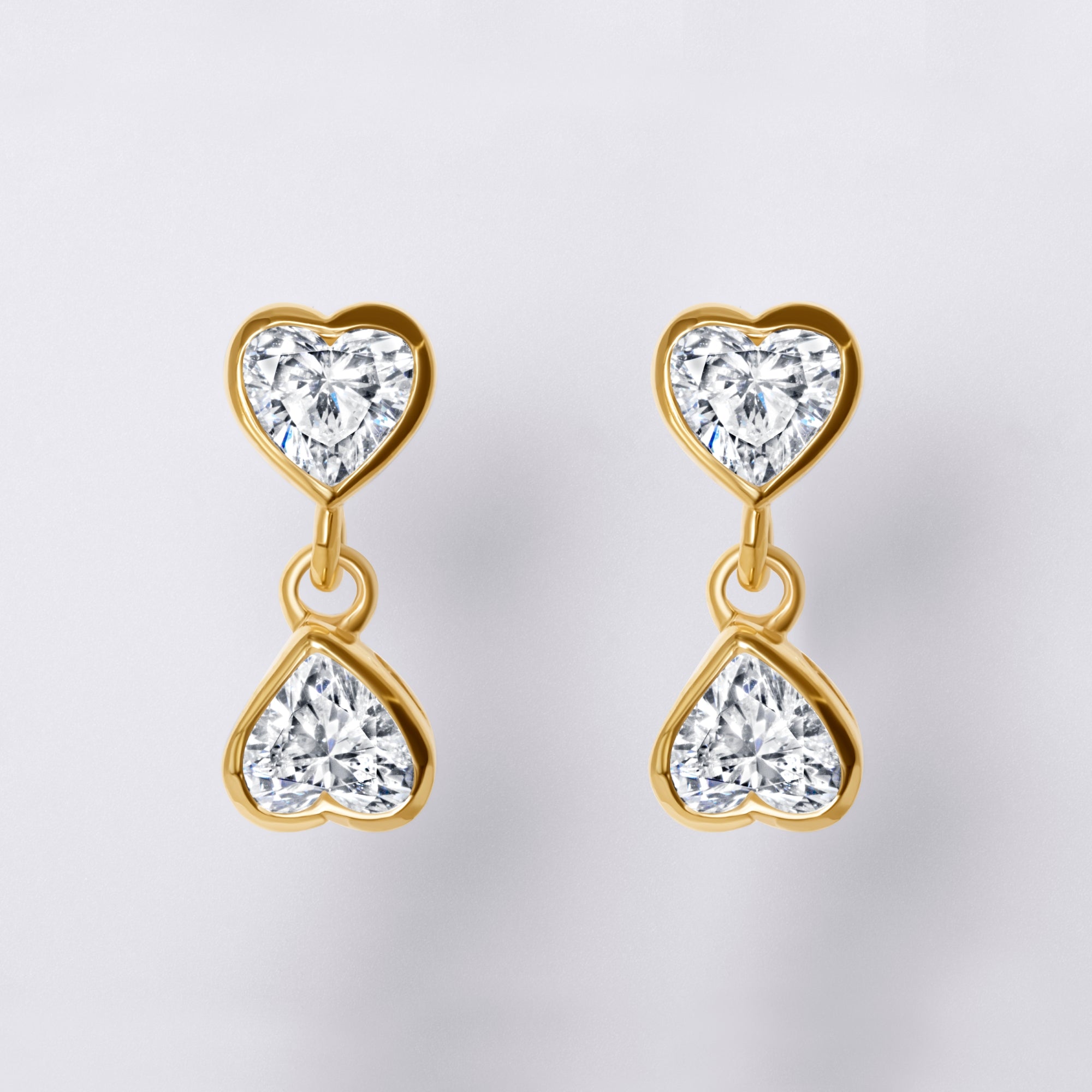 Bezel Set Hanging Heart Lab Diamond Earrings, Yellow Gold Vermeil
