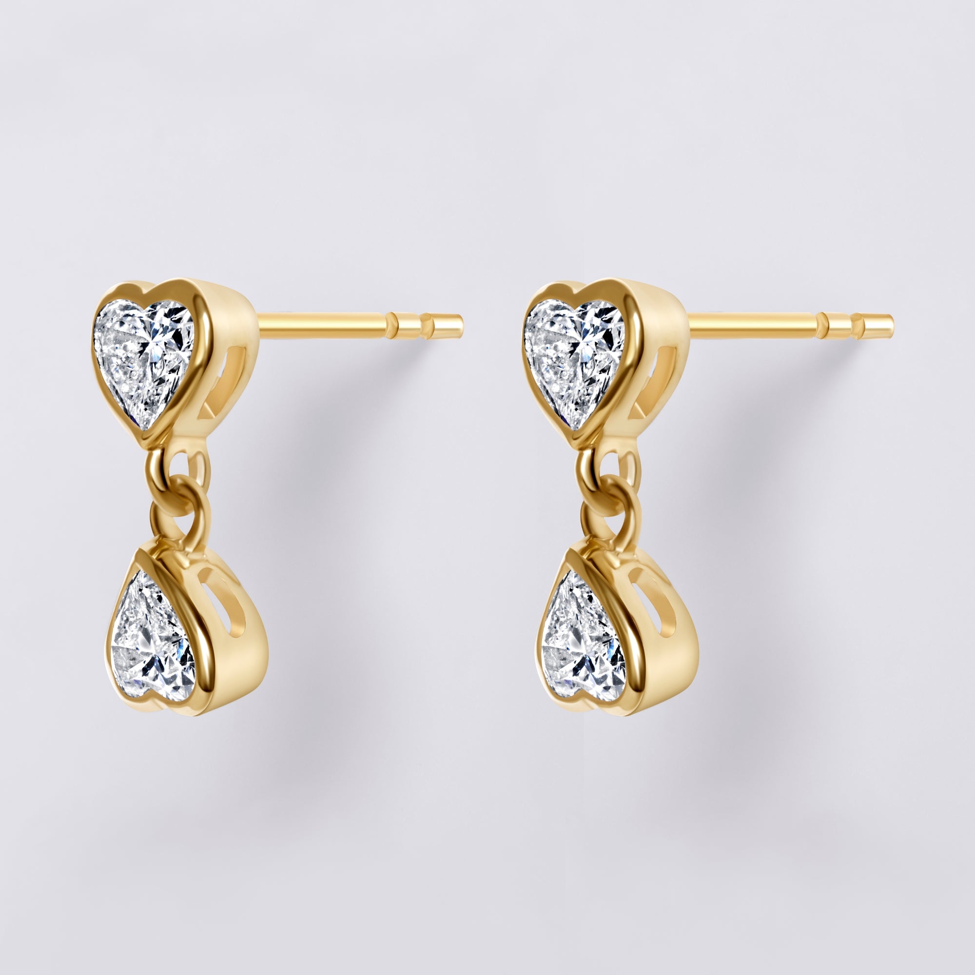 Bezel Set Hanging Heart Lab Diamond Earrings, Yellow Gold Vermeil