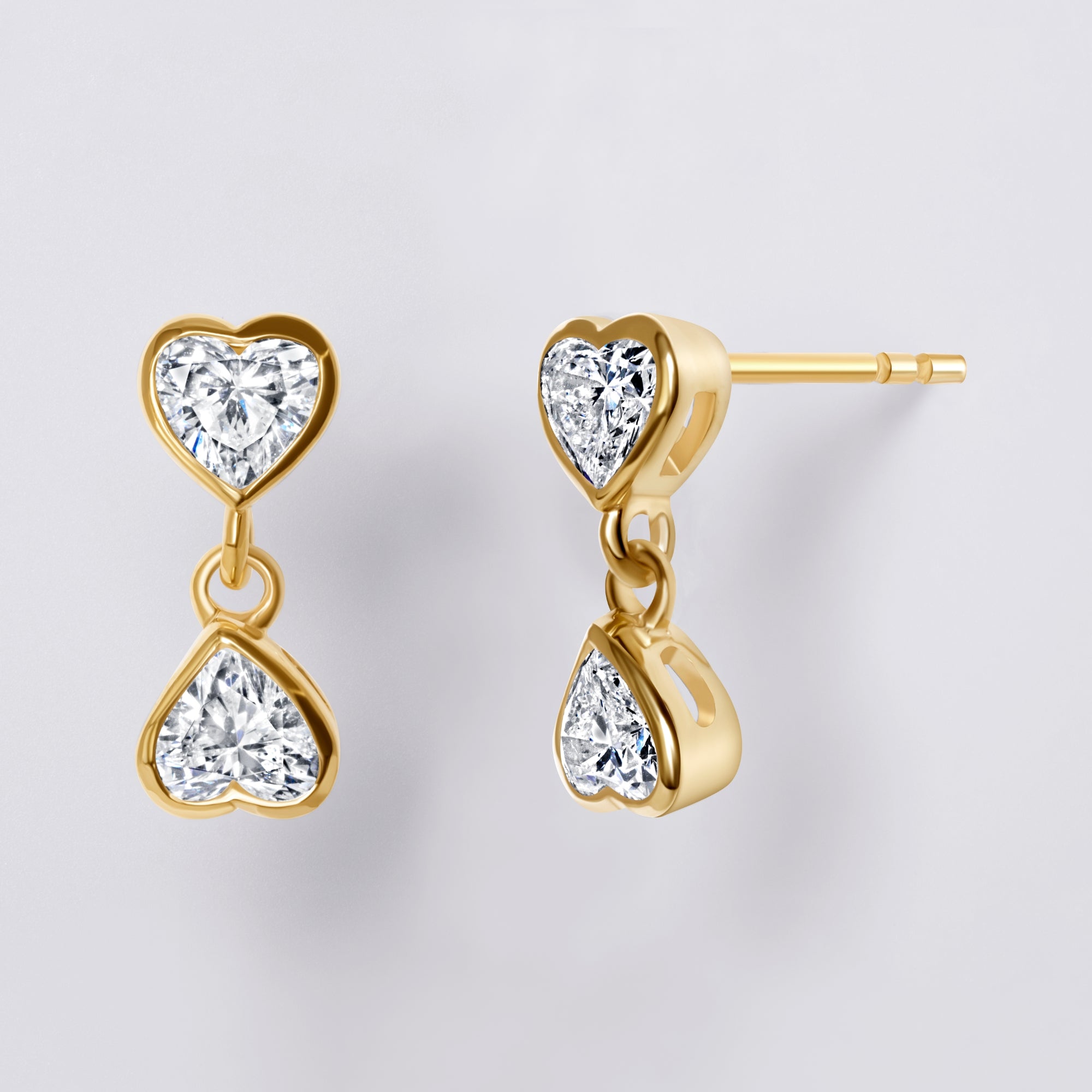 Bezel Set Hanging Heart Lab Diamond Earrings, Yellow Gold Vermeil