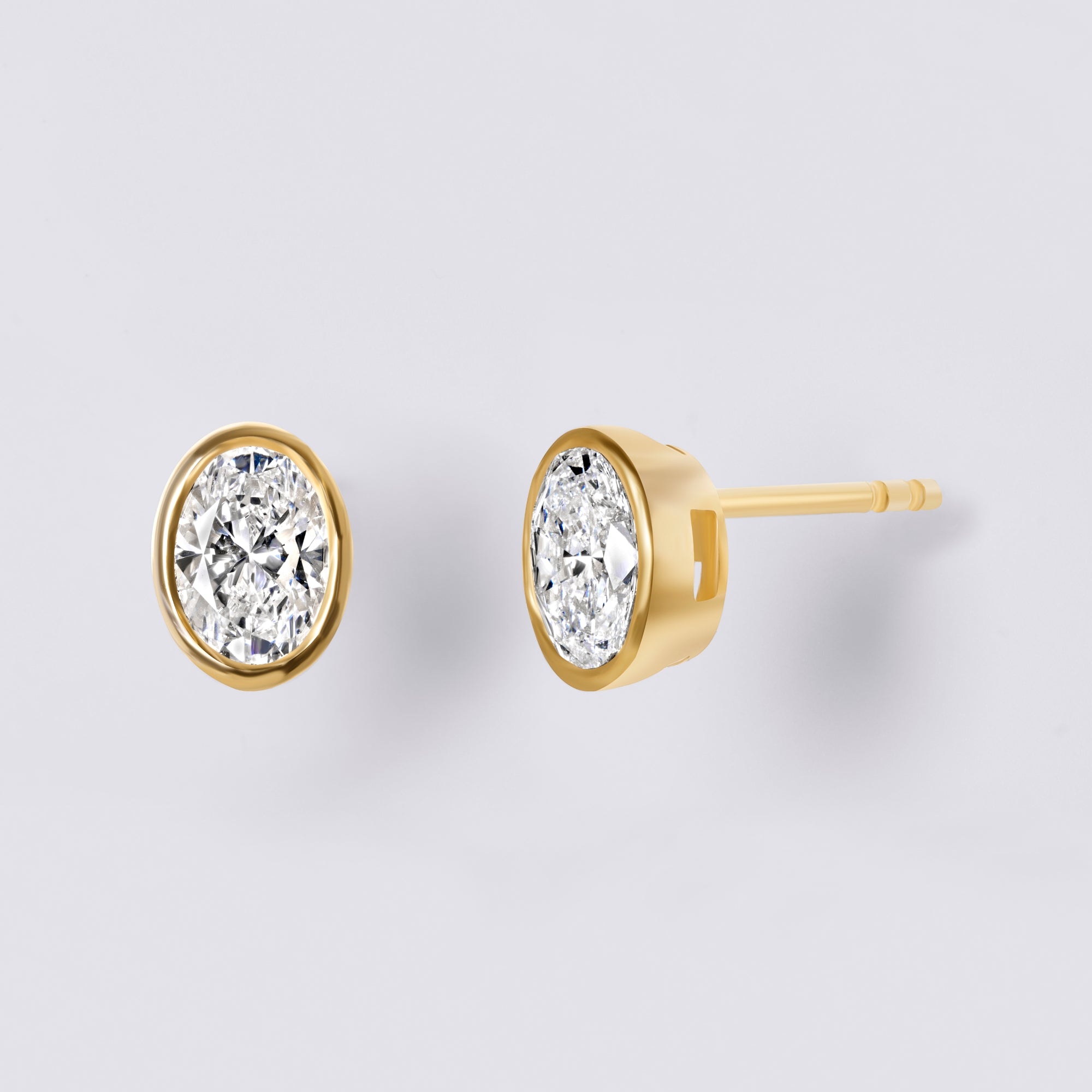 Bezel Set Oval Lab Diamond Stud Earrings, Yellow Gold Vermeil