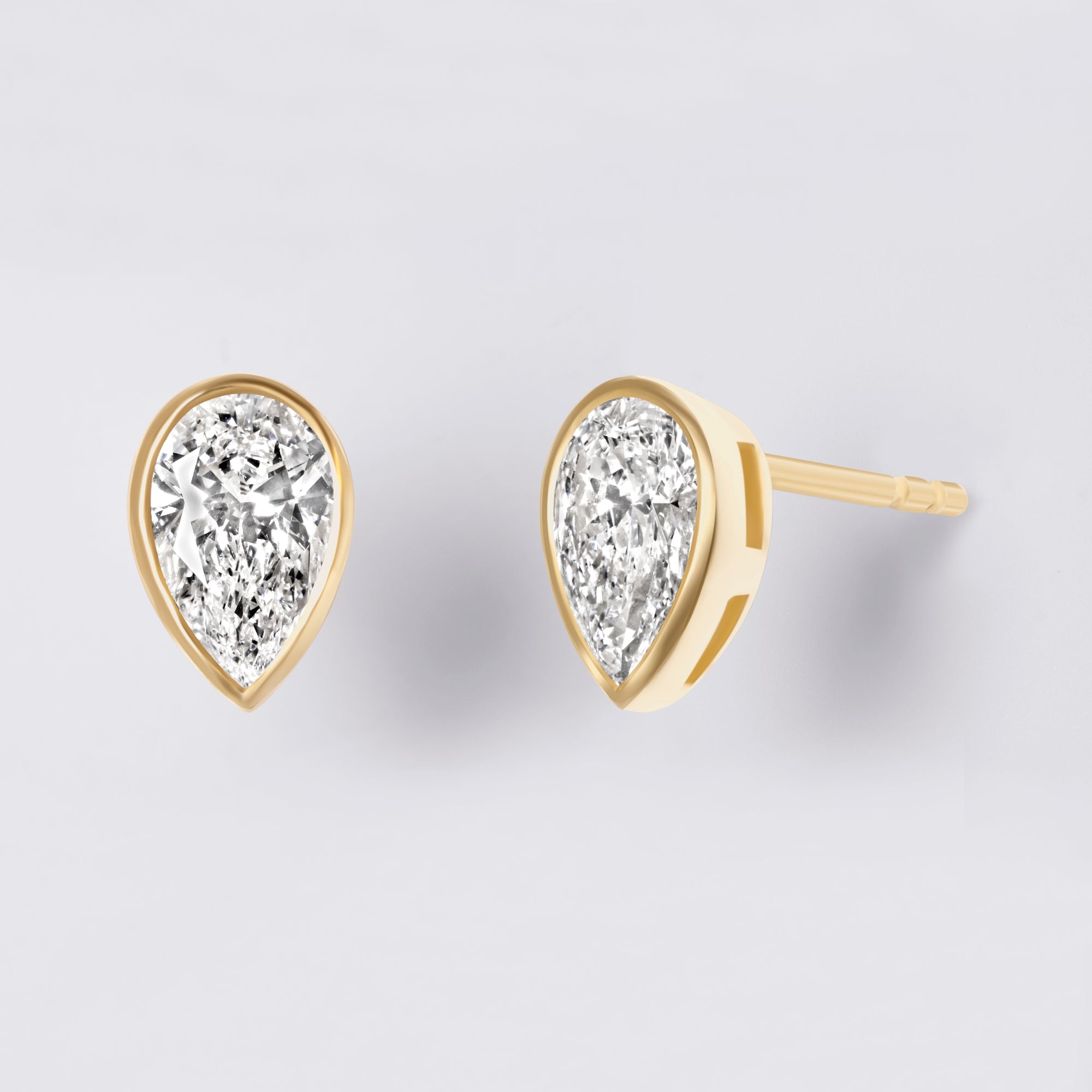 Bezel Set Pear Lab Diamond Stud Earrings, Yellow Gold Vermeil