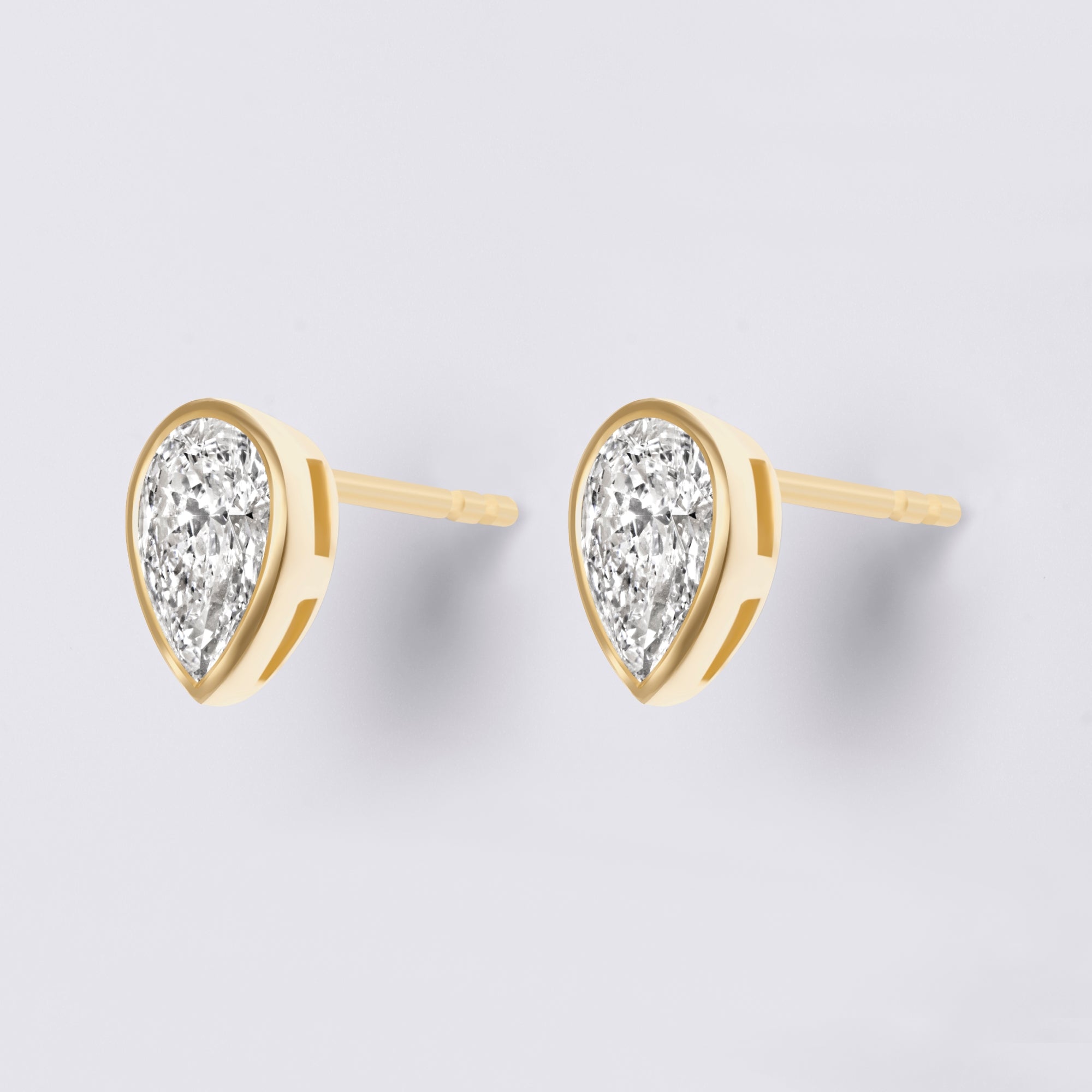 Bezel Set Pear Lab Diamond Stud Earrings, Yellow Gold Vermeil