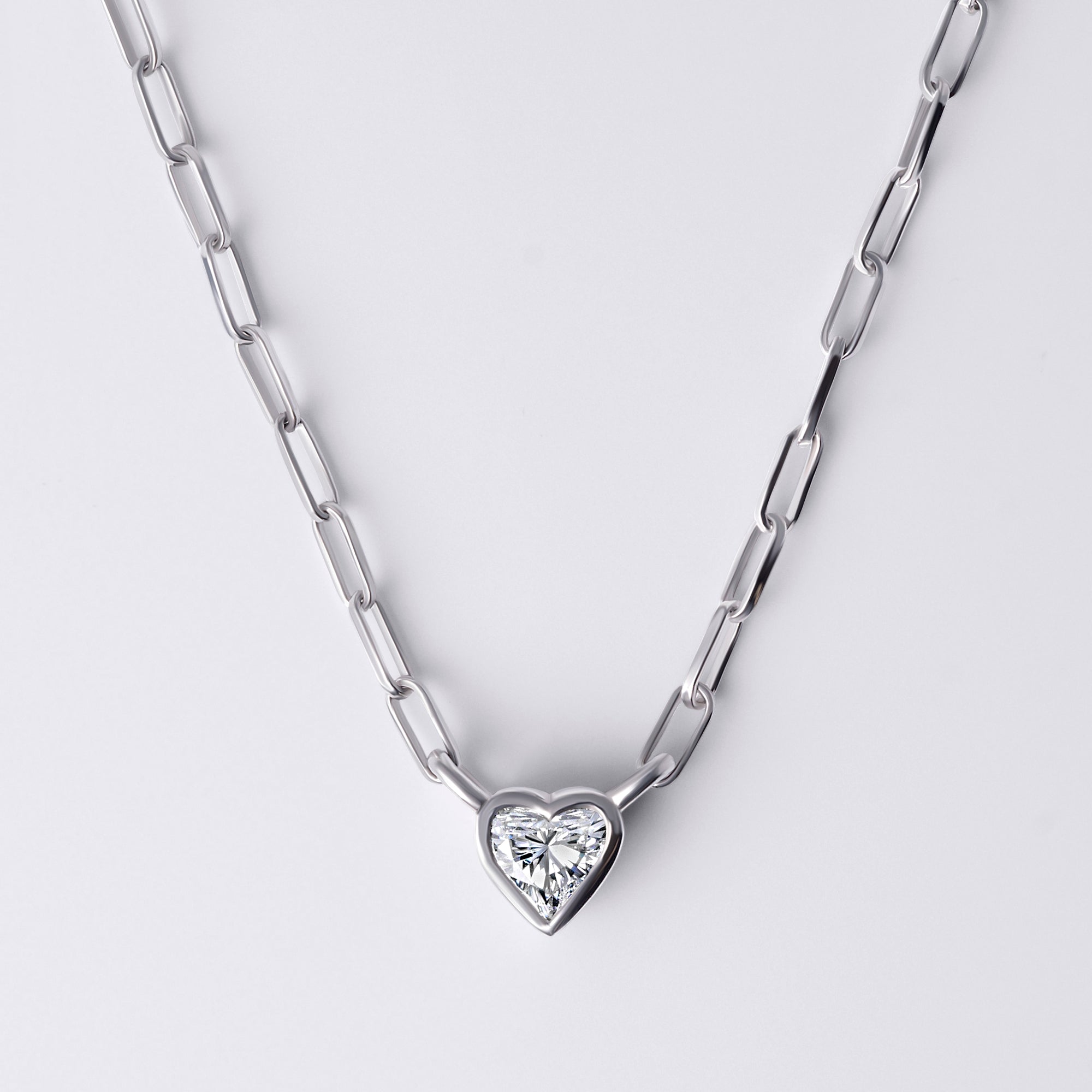 Bezel Set Heart Diamond Paperclip Necklace