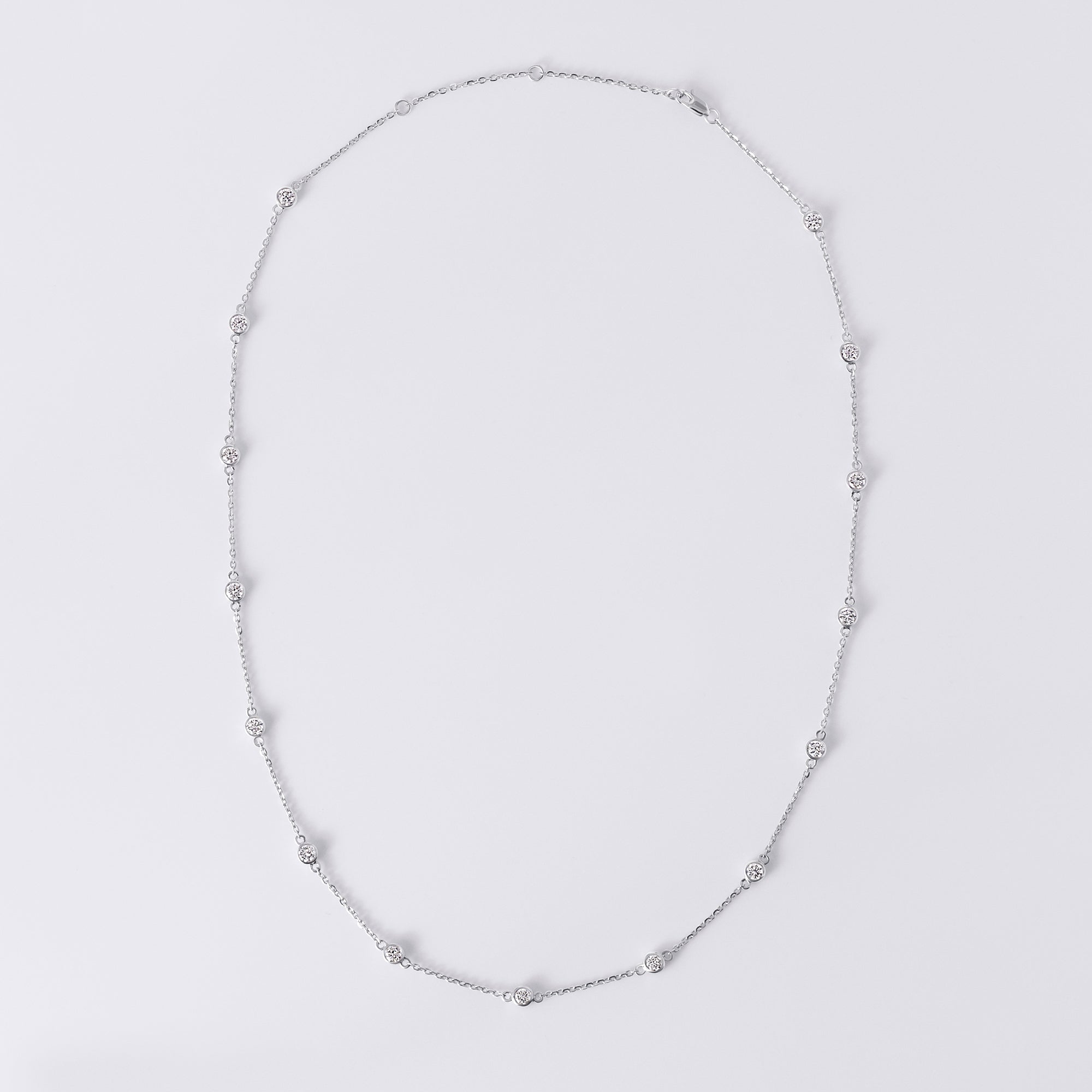 Round Brilliant Cut Bezel Set Diamond Station Necklace (2CTW), White Gold