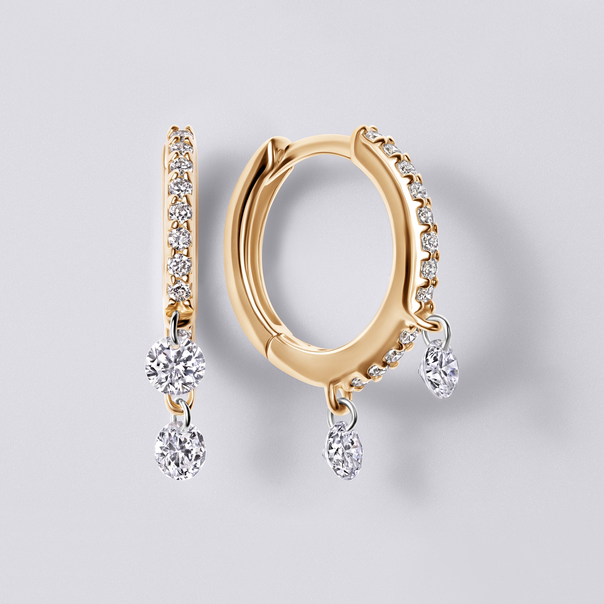 Round Diamond Double Drilled Pavé Drop Huggie Earrings