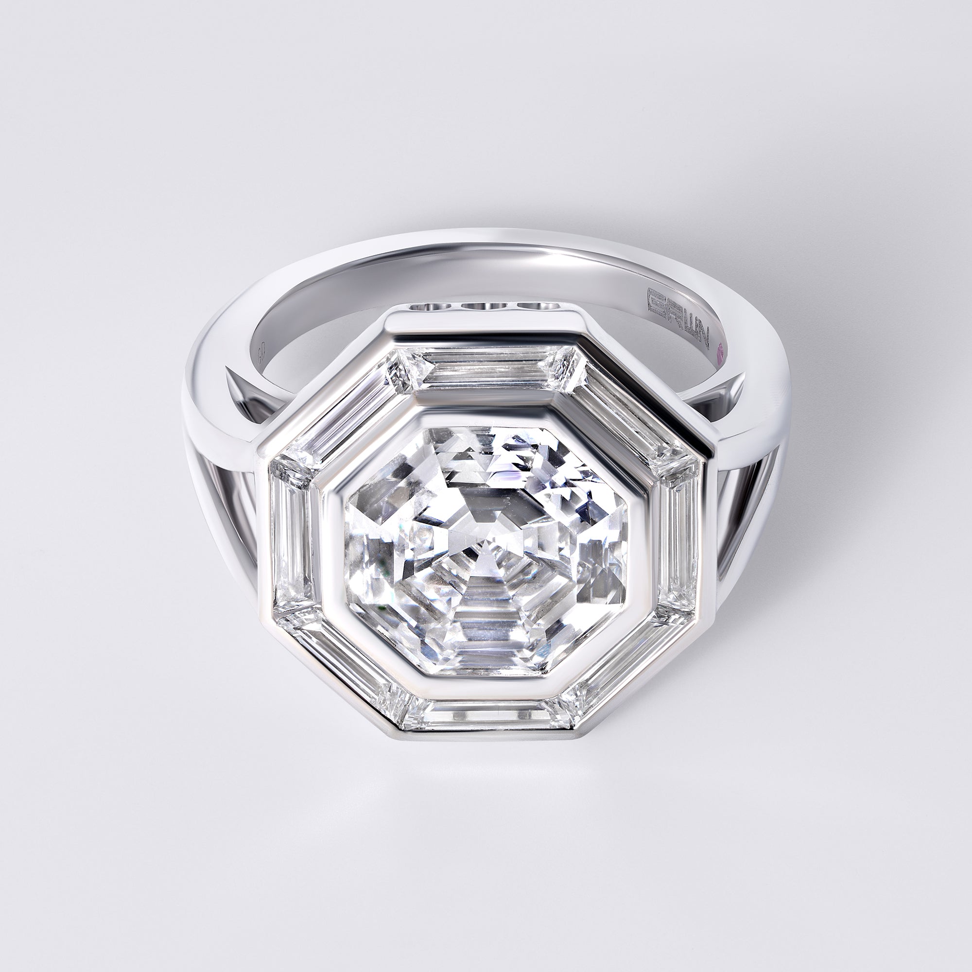 Couture White Step Cut Octagon Diamond With Baguette Halo Ring