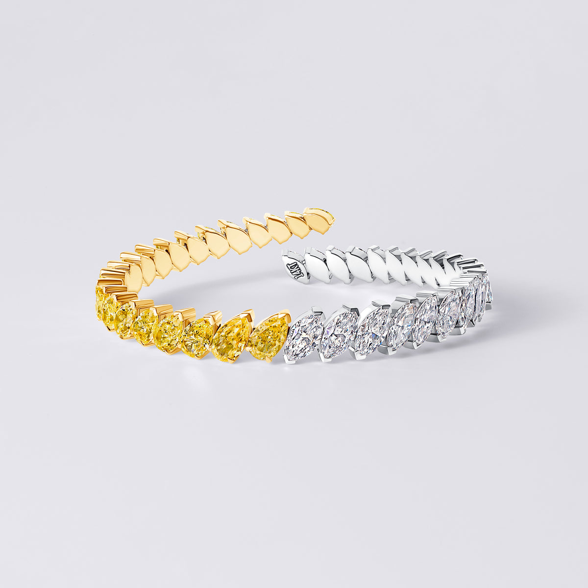 Fancy Yellow Pear and White Marquise Bangle Bracelet, Yellow and White Gold