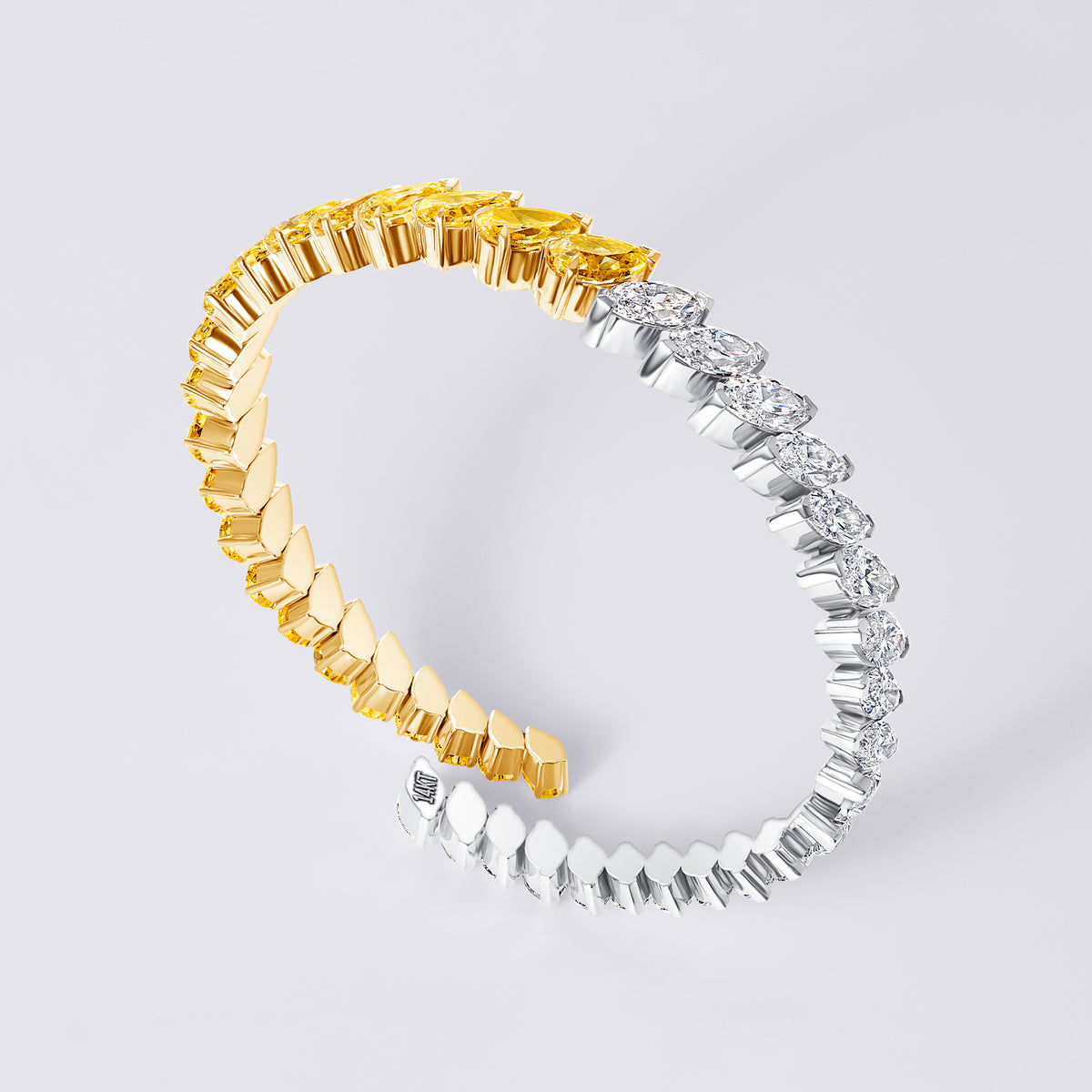 Fancy Yellow Pear and White Marquise Bangle Bracelet, Yellow and White Gold