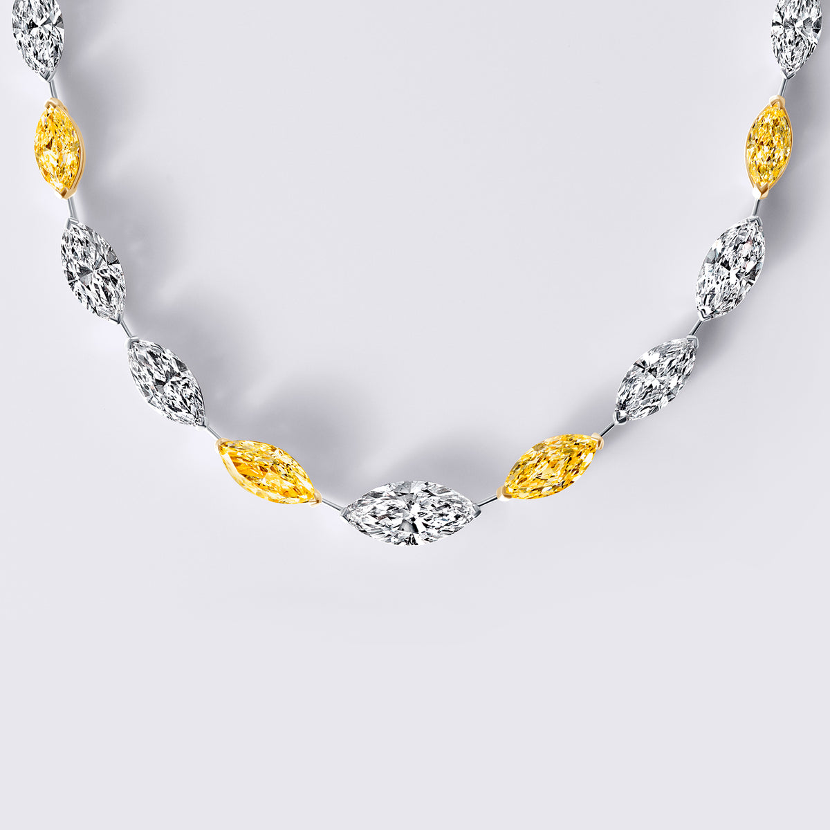 Fancy Yellow and White Alternating East/West Marquise Necklace, White and Yellow Gold