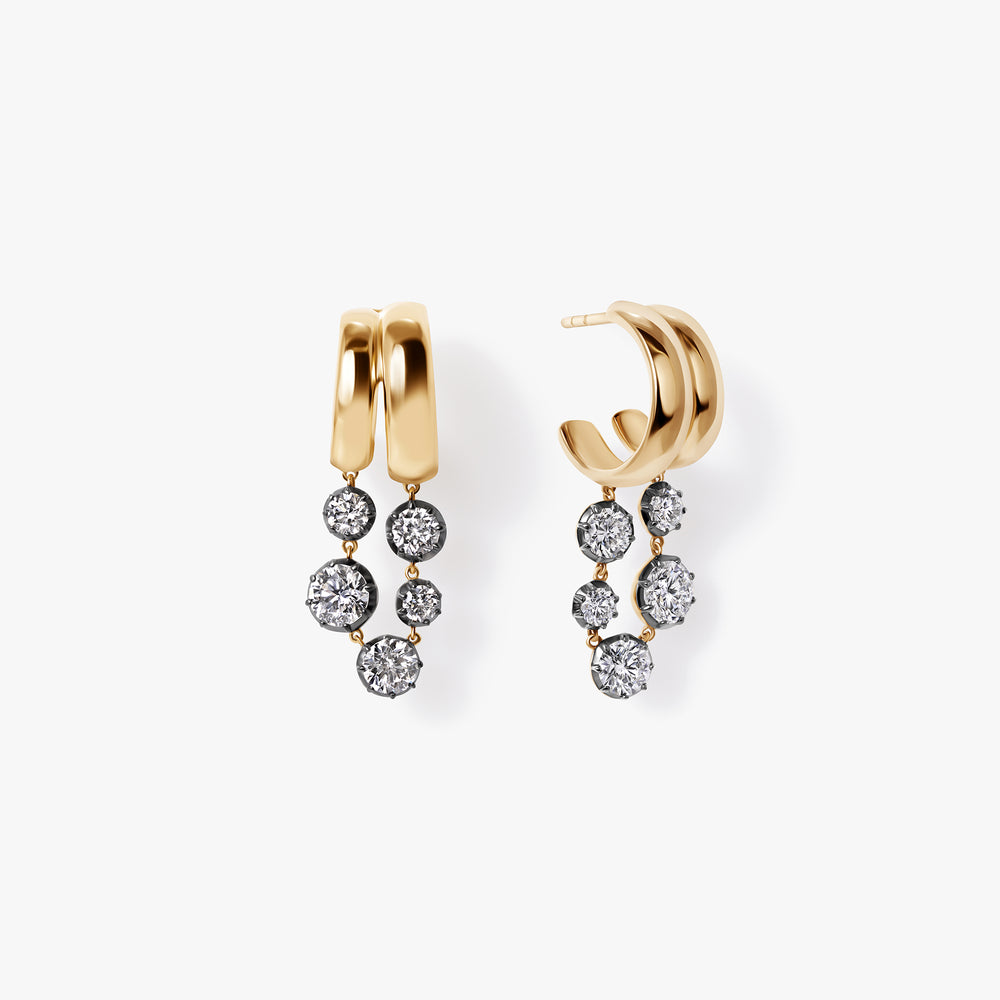 Round Diamond Black Rhodium Double Drop Earrings