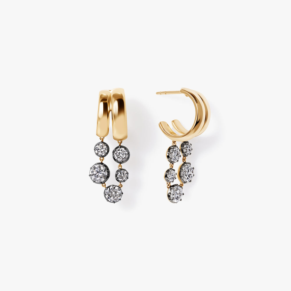 Round Diamond Black Rhodium Double Drop Earrings