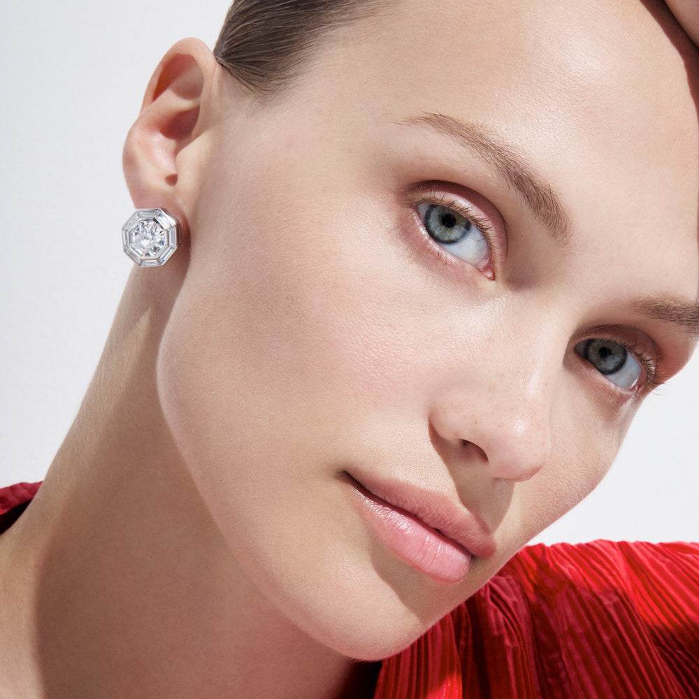 Octagon and Baguette Diamond Halo Stud Earrings