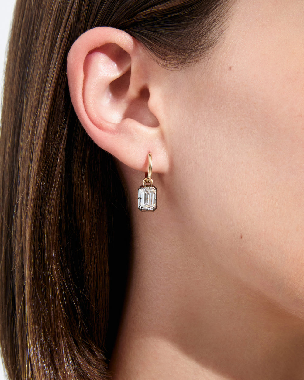Emerald Diamond Black Rhodium Drop Huggie Earrings
