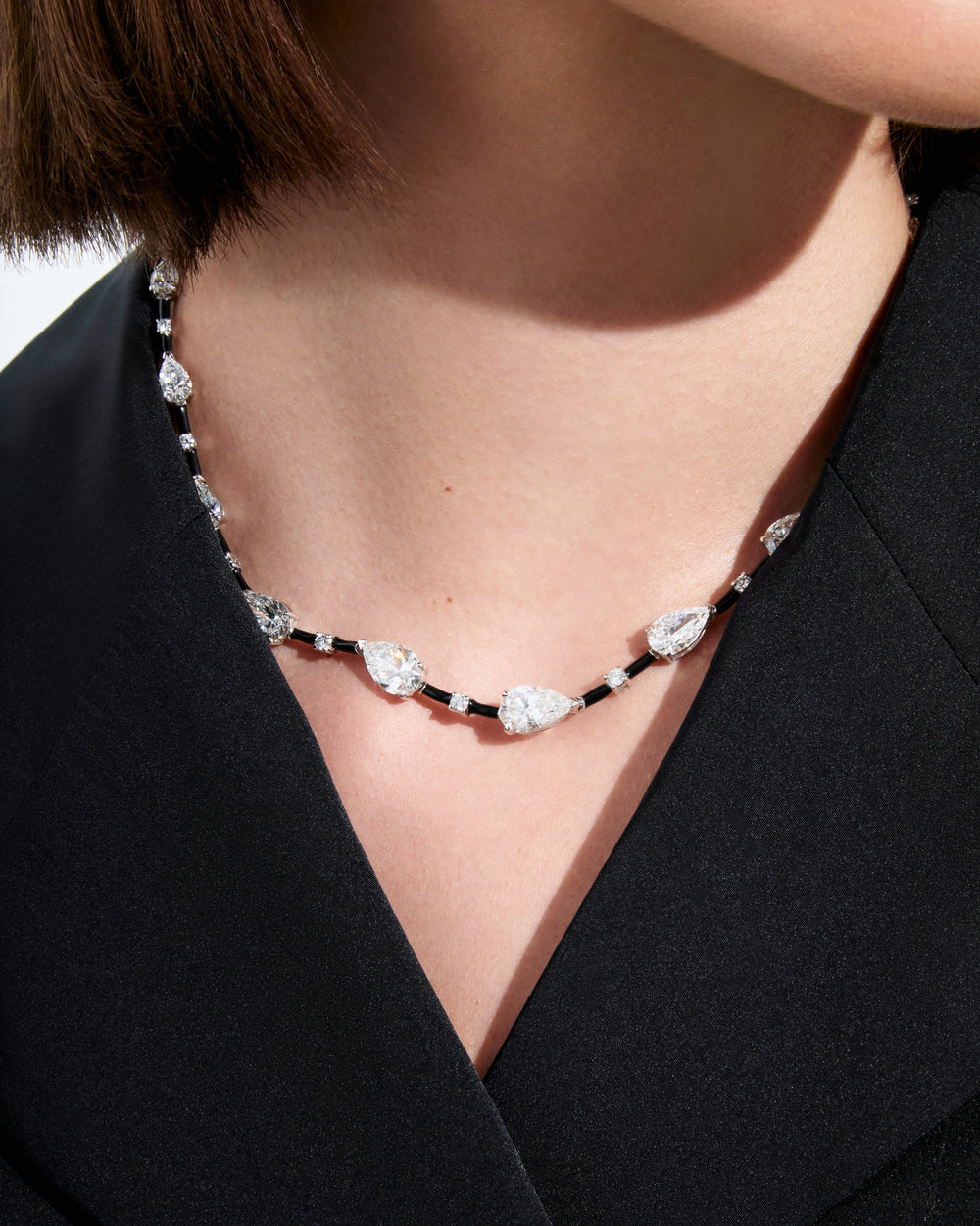 Pear and Round Diamond Black Ceramic Necklace