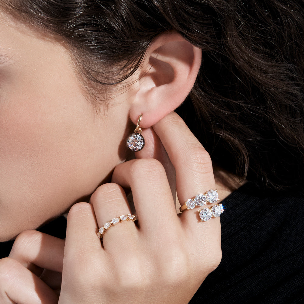 Round Diamond Black Rhodium Drop Huggie Earrings