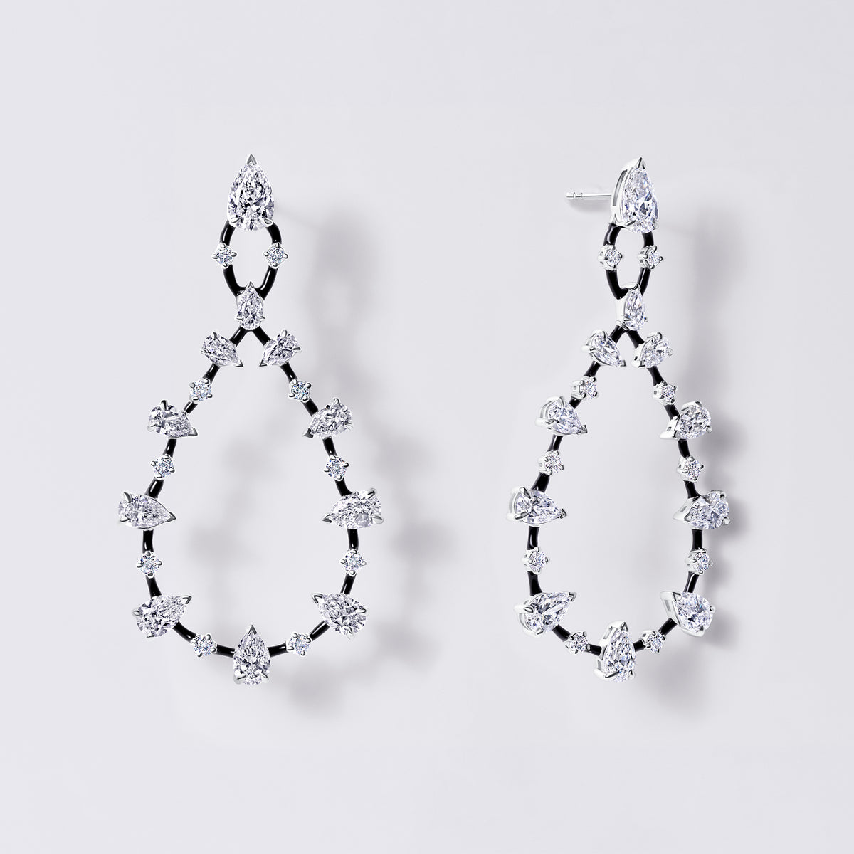 Black Ceramic Drop Earrings with Pears and Rounds (10.77CTW), White Gold and Ceramic
