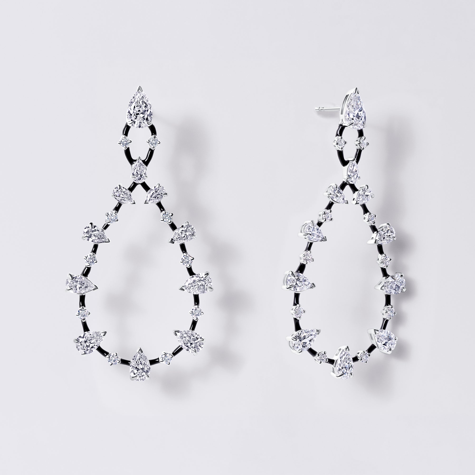 Black Ceramic Drop Earrings with Pears and Rounds (10.77CTW), White Gold and Ceramic