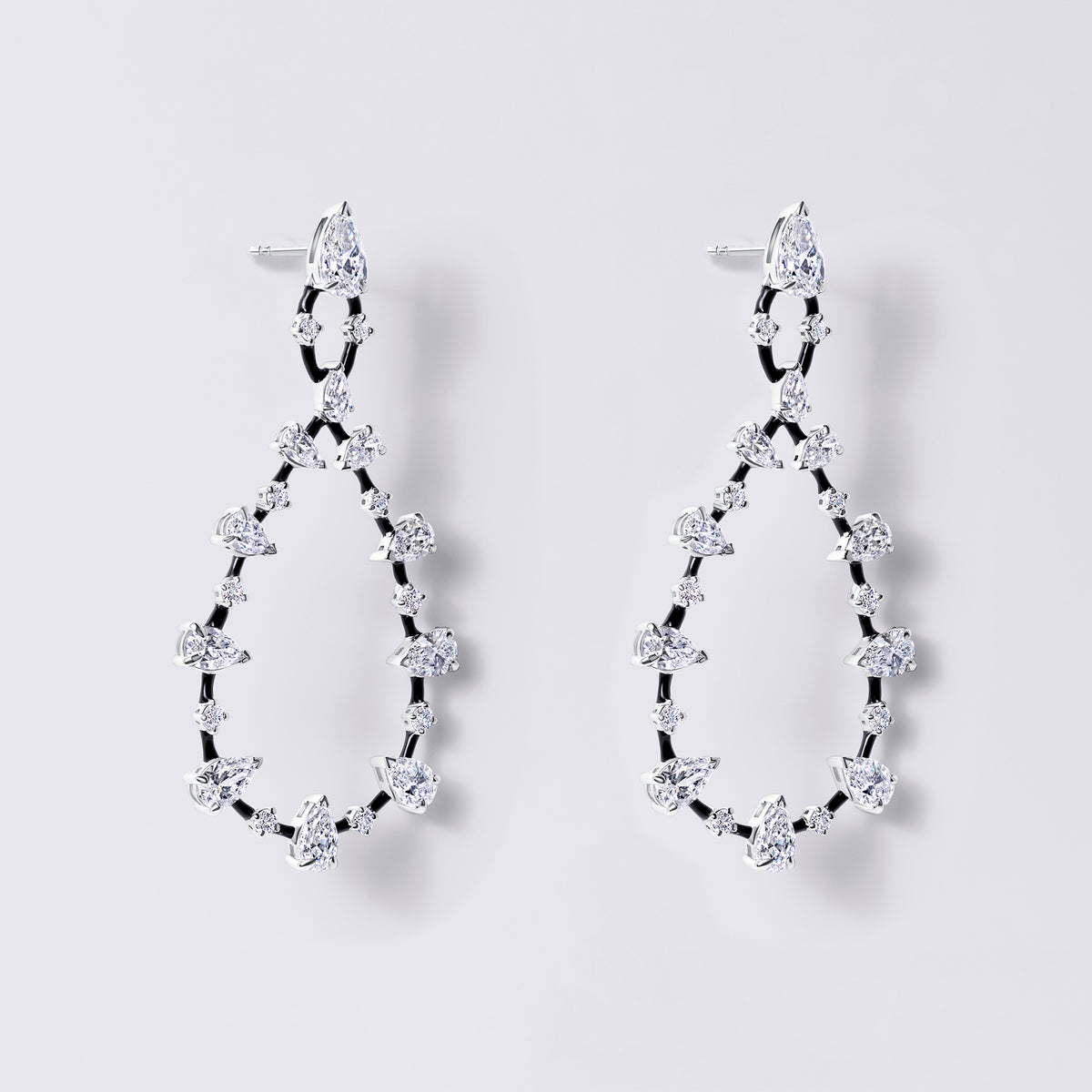 Black Ceramic Drop Earrings with Pears and Rounds (10.77CTW), White Gold and Ceramic