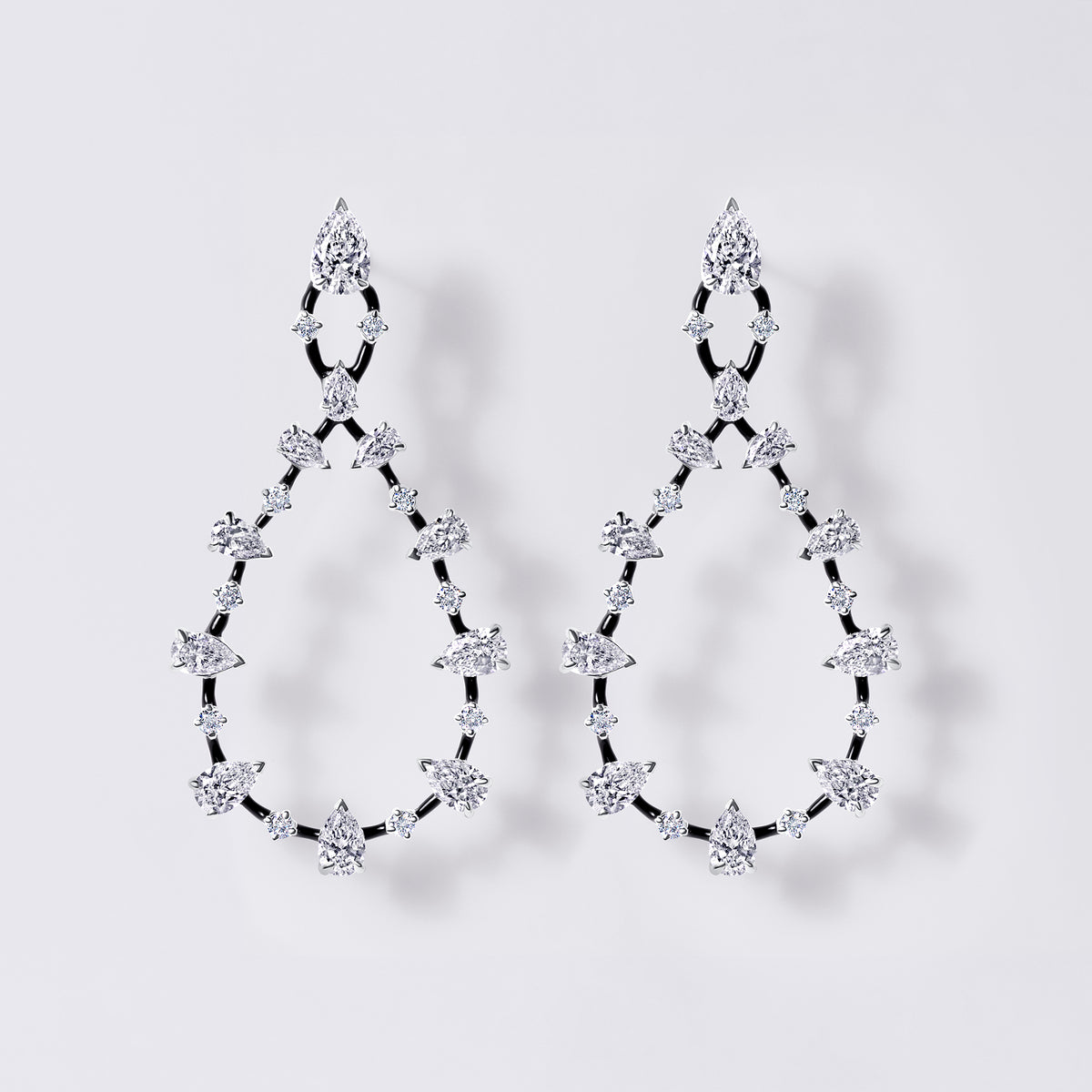 Black Ceramic Drop Earrings with Pears and Rounds (10.77CTW), White Gold and Ceramic