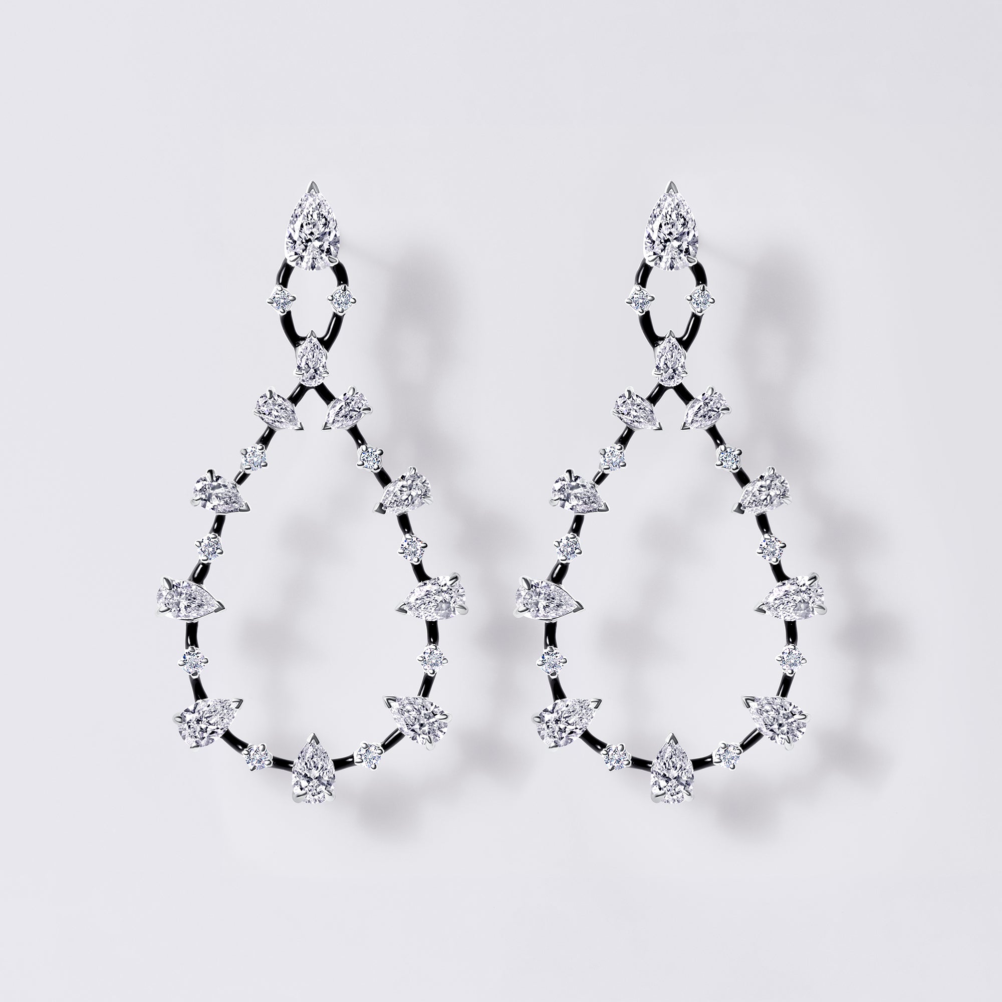 Black Ceramic Drop Earrings with Pears and Rounds (10.77CTW), White Gold and Ceramic